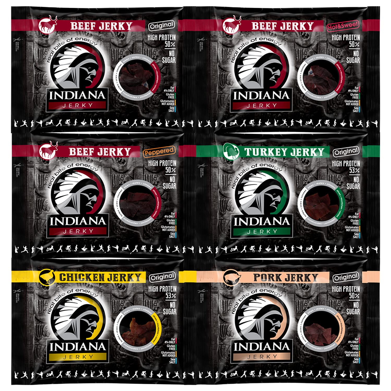 Indiana Jerky MIX, High Protein Trockenfleisch Geschenkbox, ohne Zuckerzusatz, Gluten-frei, Geschenkbox (MIX 6 x 90g)
