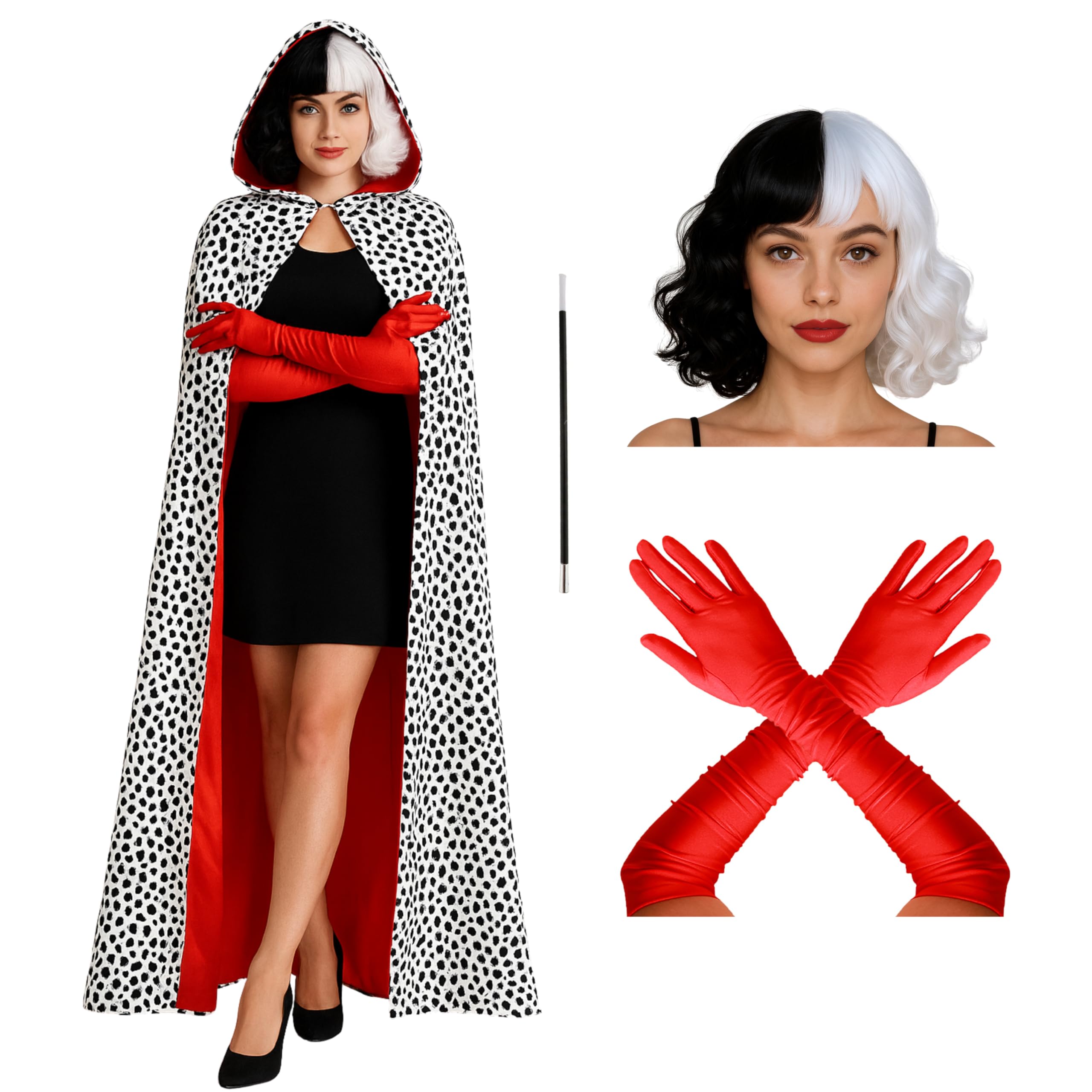 4pc Adult Dalmatian Costume - Evil Dog Lady Halloween Costumes for Women with Dalmatian Cape, Black and White Wig, Fake Cigarette Holder Long Red Gloves Fancy Dress Villain Outfit for World Book Day