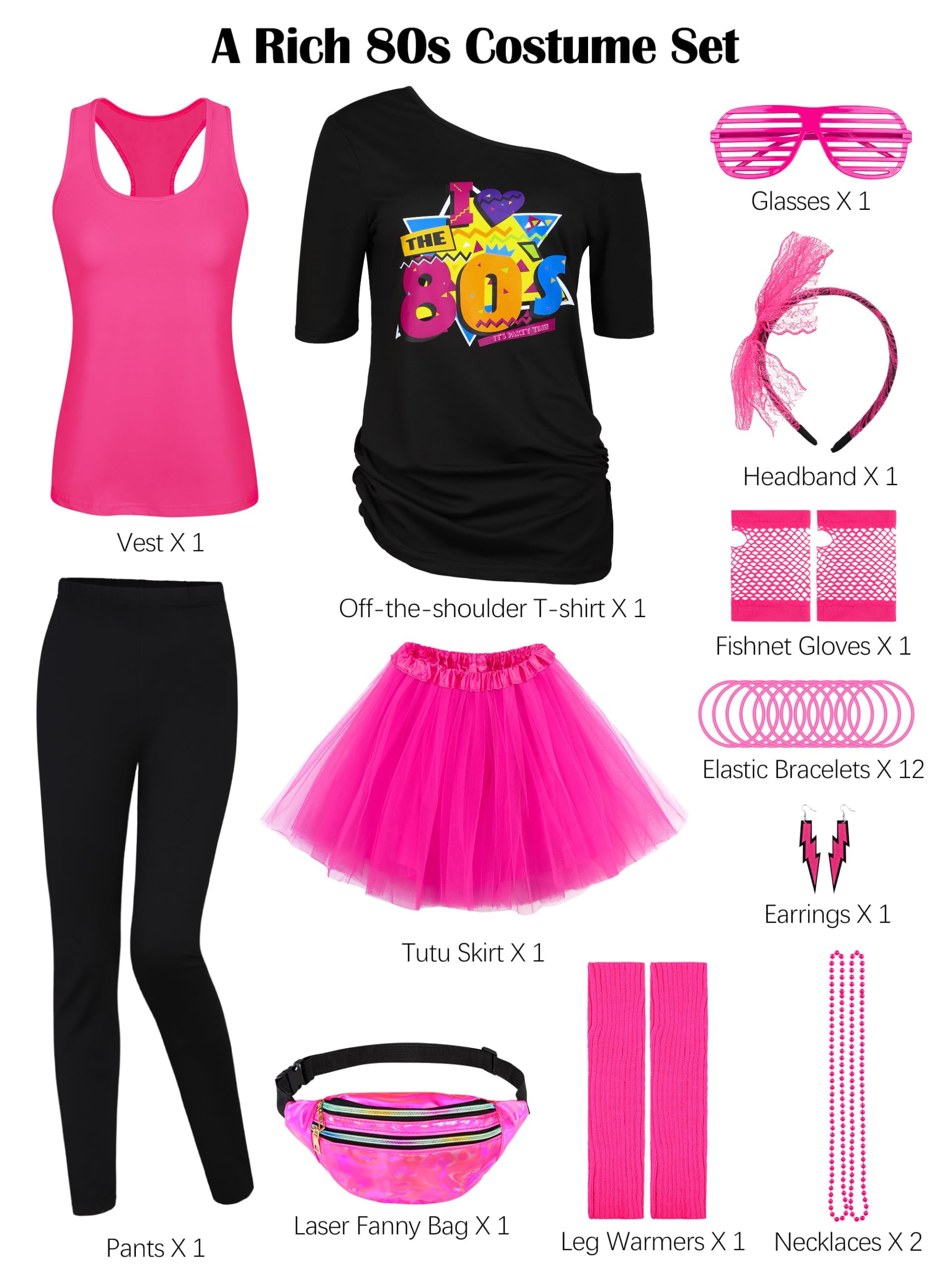 AOTHSO 24 Stücke Halloween Frauen 80er Jahre Kostümzubehör Set 80er Jahre Cosplay T-Shirt Tutu Hose Racerback Top Fanny Pack Handschuhe Beinwärmer für Party