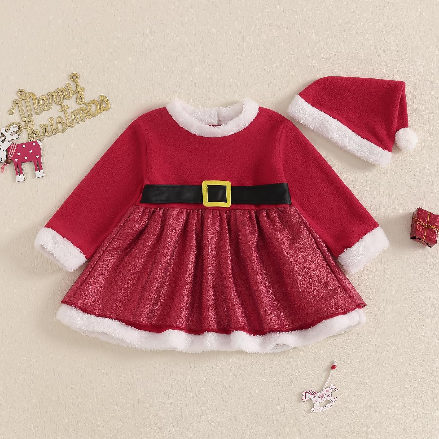 Baby Girls Cute Long Sleeve Plush Collar Dresses with Santa Hat Newborn Infant Christmas Outfit - Image 2