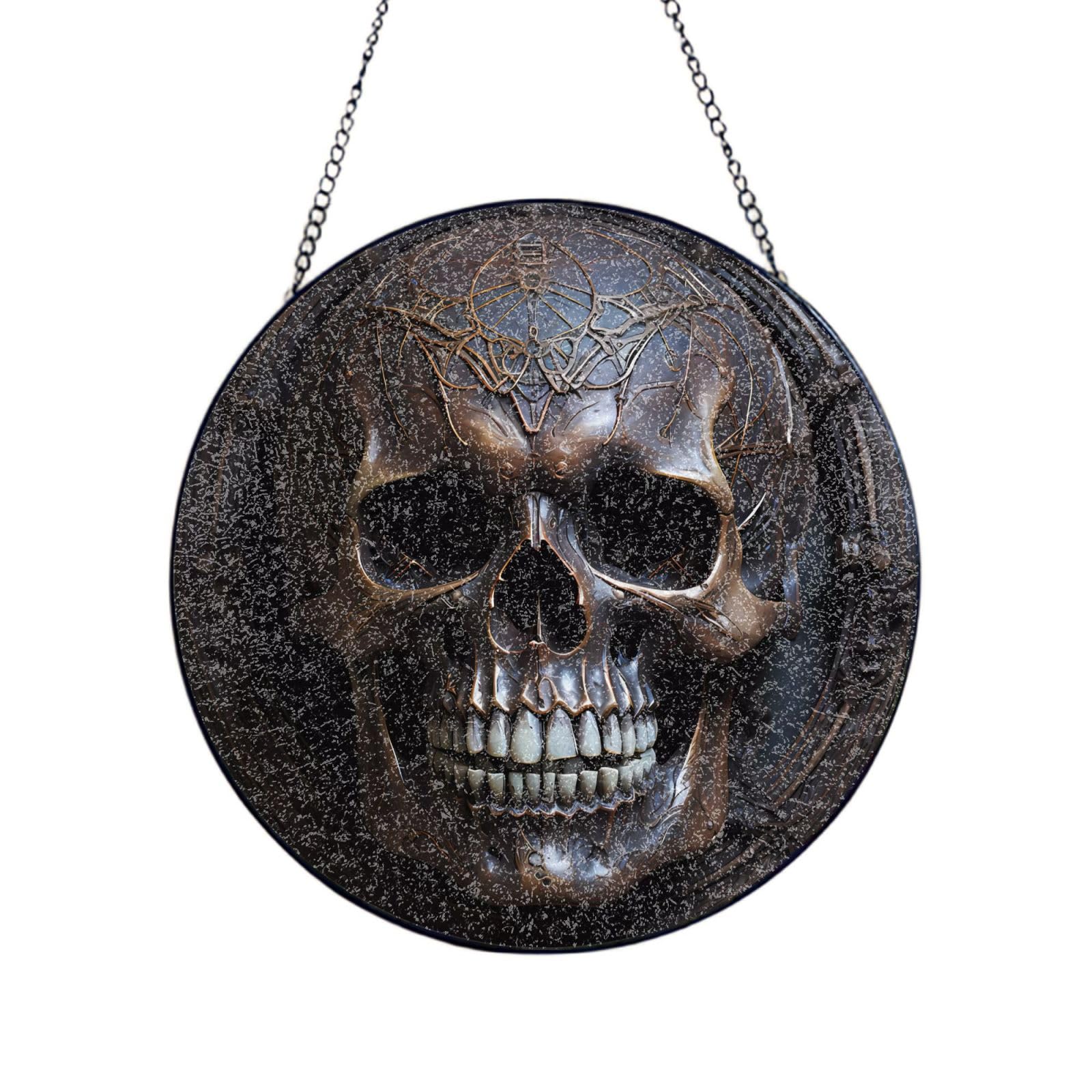 Phayah Copper-Colored Skull Print Glass Window Hanging Round Suncatcher Glass Ornament Garden Wall Fence Decorations Indoor Outdoor 6in（15cm）