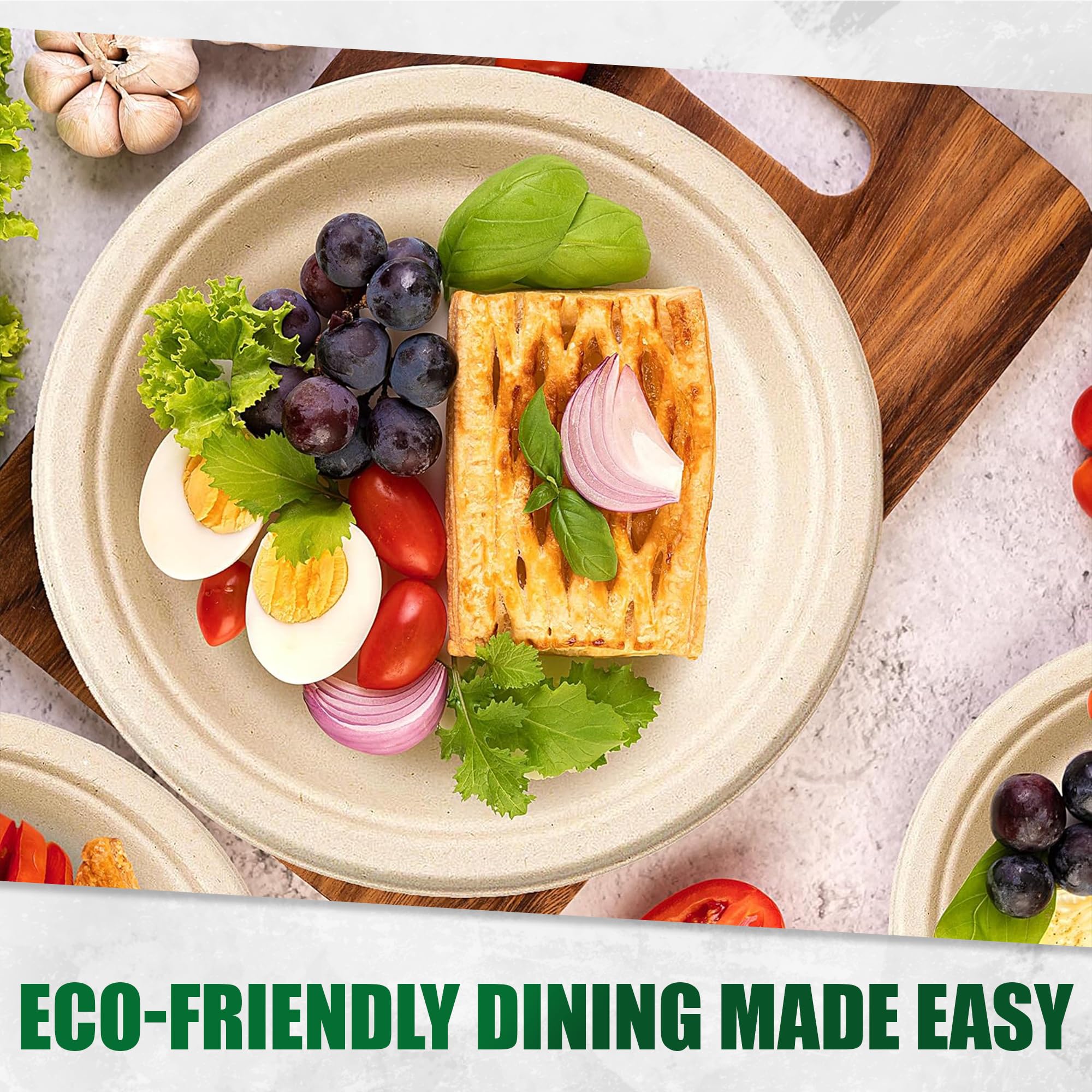 ECOSERVE Disposable Plates 7” - 100% Compostable Plates for Home, Catering, Events - BPA Free, Natural Sugar Cane Fiber Plate Set - Eco-Friendly Party Plates - Freezer & Microwave Safe [125]