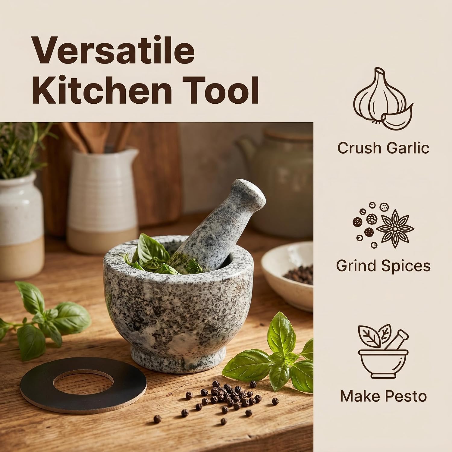 Stone Garlic Masher Set, Capacity 150g Garlic Puree Household Mortar Grinder for Garlic, Coffee Beans,Kitchen Spices, with Garlic Pestle and Lid (Grey, Medium)