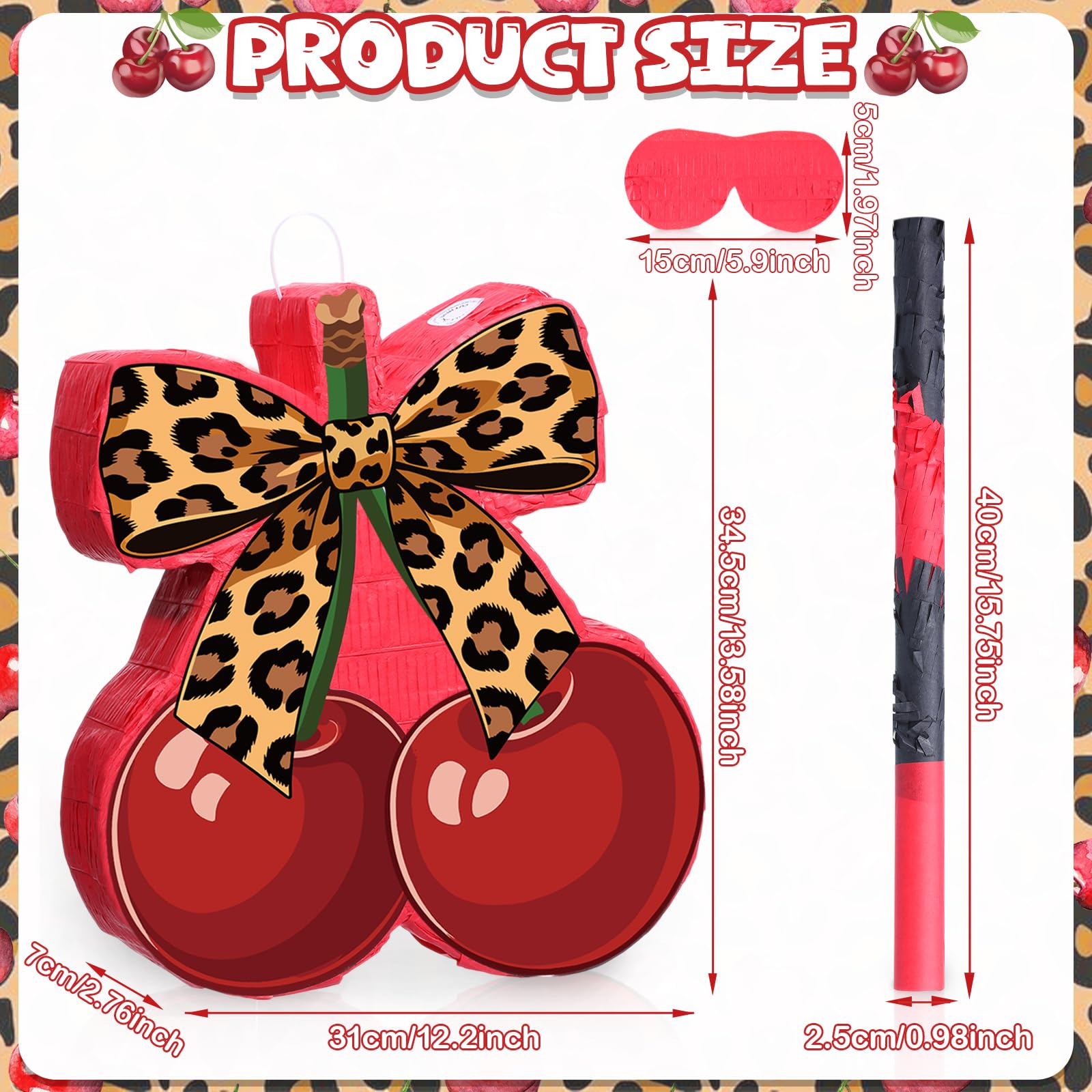 VioraWhite Juego de piñata con estampado de leopardo y cereza, juego de piñata con palo de golpear los ojos vendados, estampado de guepardo, rojo y negro, decoración temática de fiesta para despedida