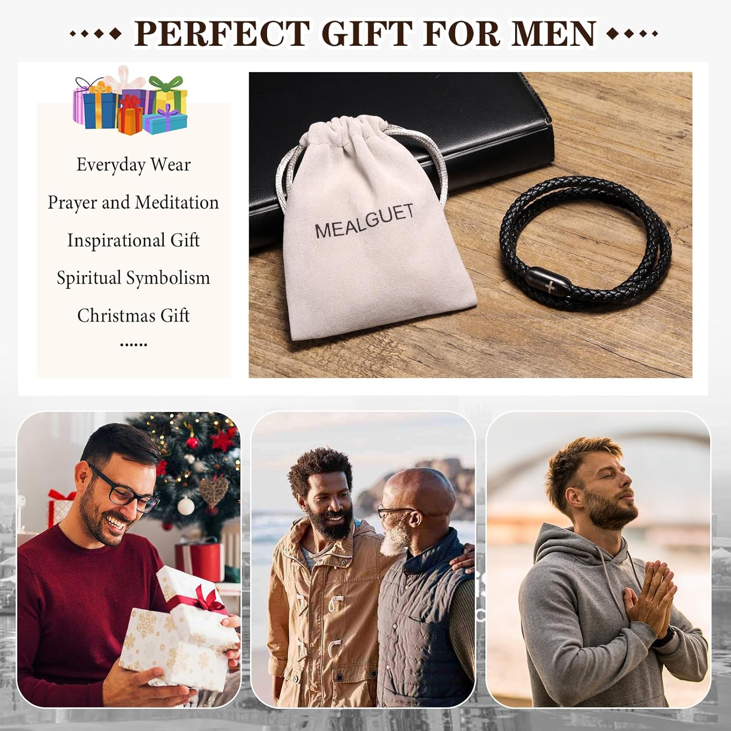 Leather Cross Bracelets for Men : Black Genuine Braided Double Wrap Jesus Cross Braided Leather Bracelets with Stainless Steel Clasp for Men Boyfriend,Christian Jewelry Gifts,8 Inches - Image 6