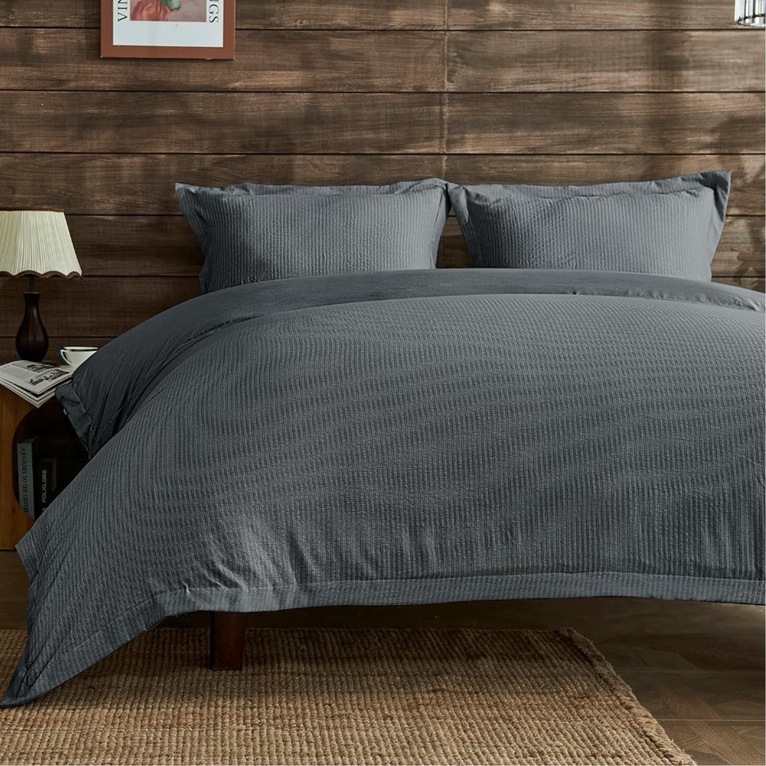 Lions Charcoal King Size Bedding Set - Seersucker Duvet Cover Set With Matching Pillowcase, Soft 100% Polyester Microfibre Quilt Covers, 3 Piece Bed Sets, Grey, 230X220cm