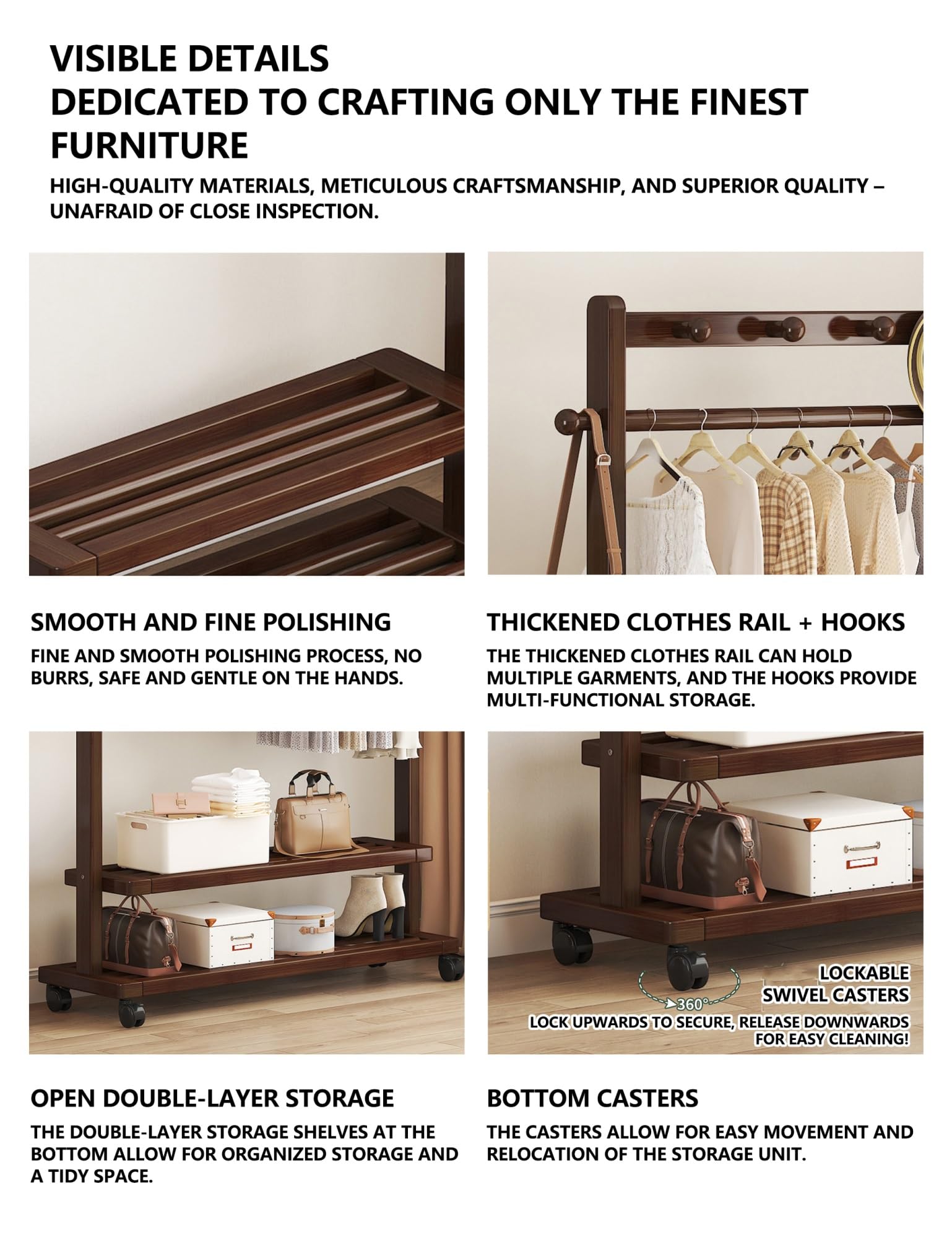 Wolnostojąca bambusowa szafa z dwupoziomowym stojakiem na buty i kołkami do kapeluszy, wytrzymała odzież do sypialni i sypialni, odporna na wilgoć, 103 cm, naturalne wykończenie