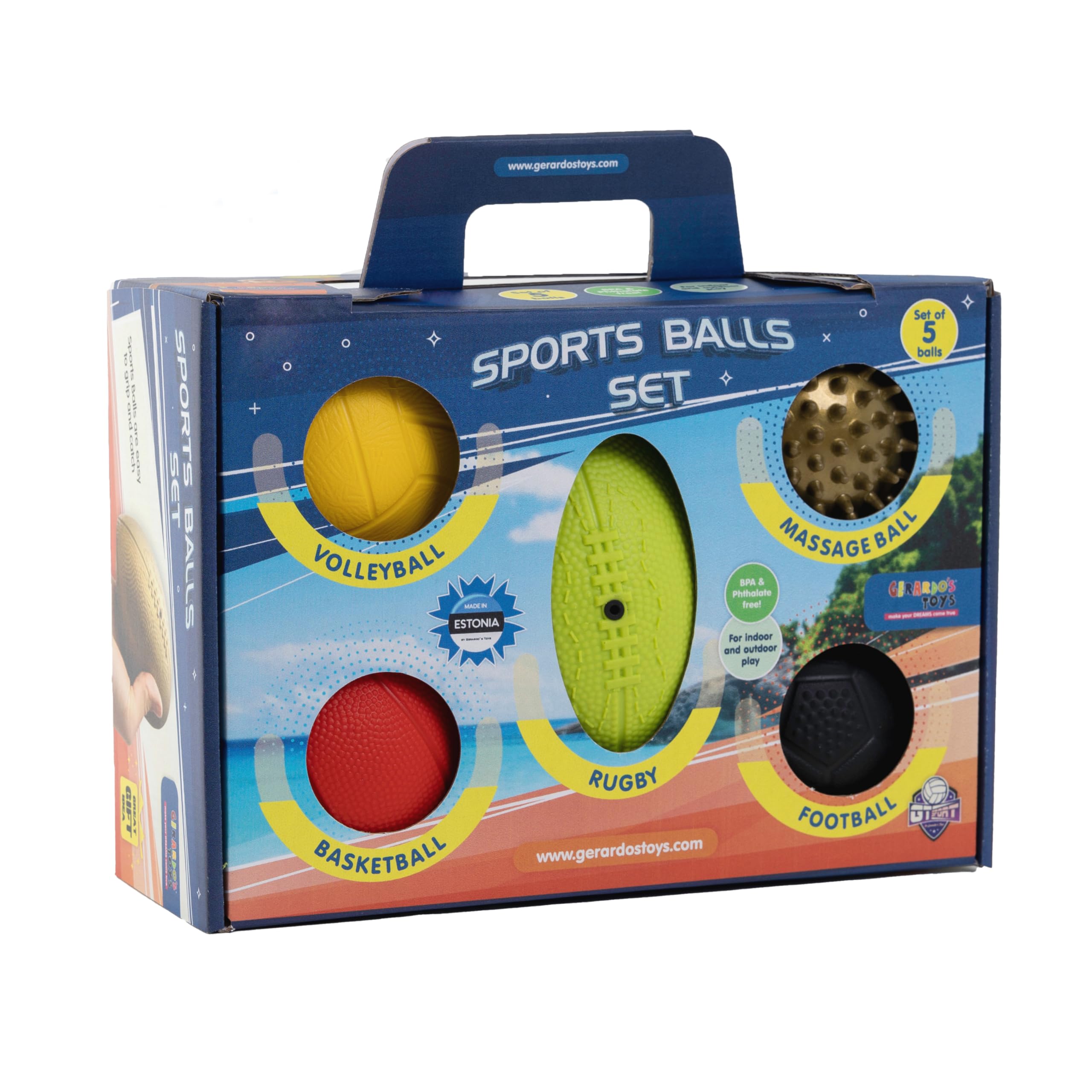 GERARDO'S Toys Lot de 5 Petites balles de Sport différentes – Balle de Massage, Mini Basketball, Mini Football, Ballon de Rugby et Ballon de Volley-Ball, sans BPA et sans phtalates