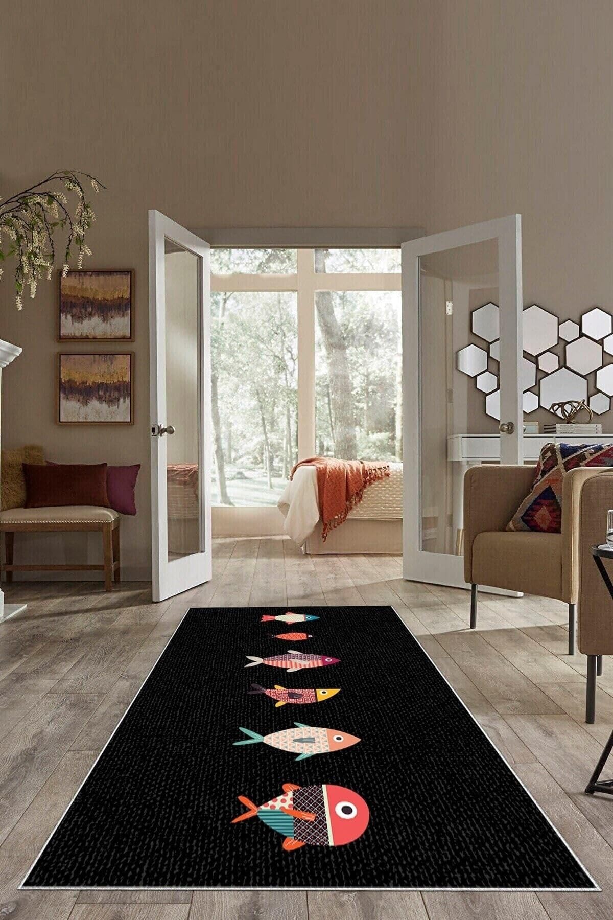 Pelangi Siyah Balık Detaylı Yıkanabilir Kaymaz Taban Leke Tutmaz Modern Salon Halısı Ve Yolluk, Siyah-Renkli 80 x 600, 13582378060005