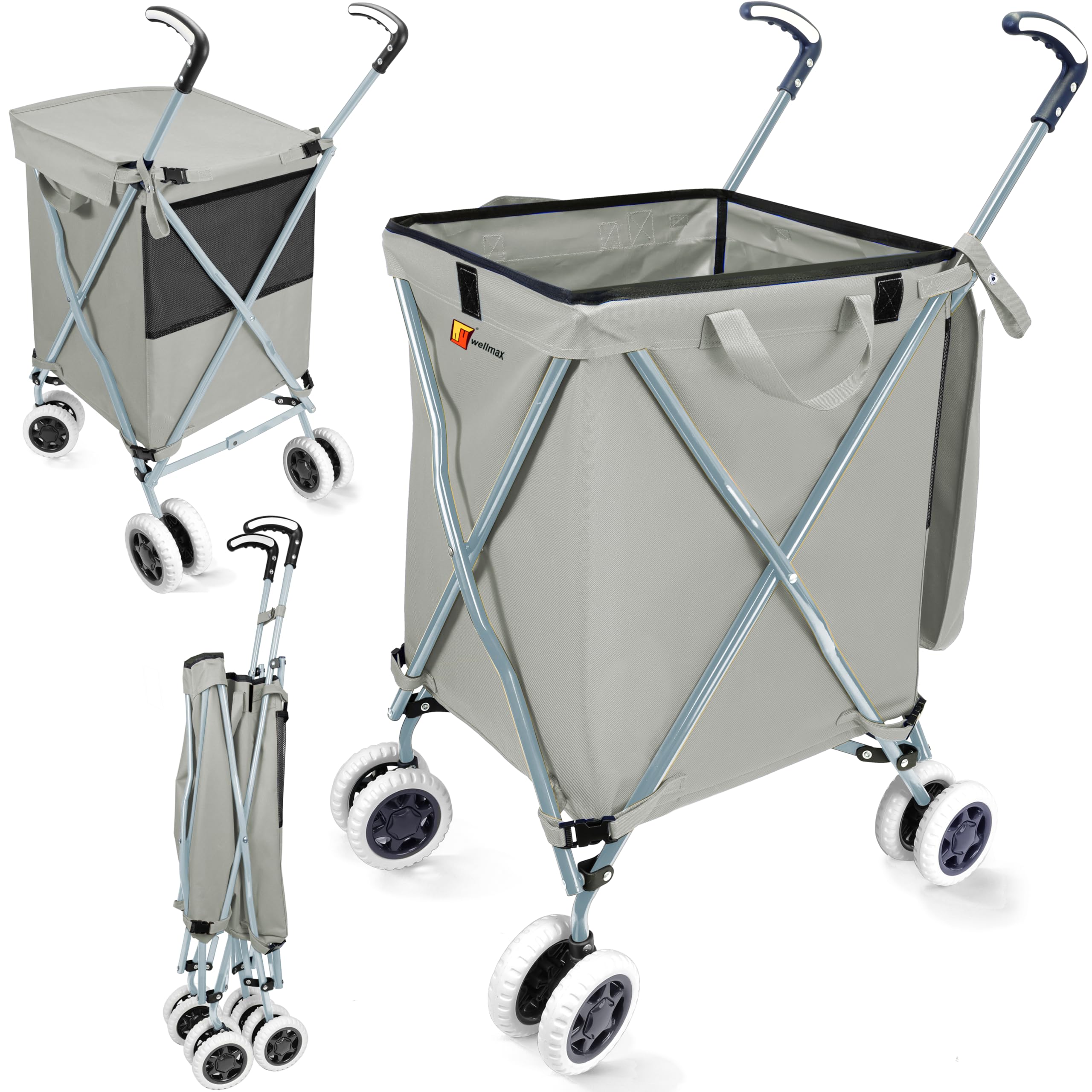 WellmaxWM99100 Series Folding Shopping Cart with Wheels, Grocery Cart with Removable Canvas with Cover, Lightweight Utility Cart for Groceries and Laundry - Holds up to 120 lbs (Gray)