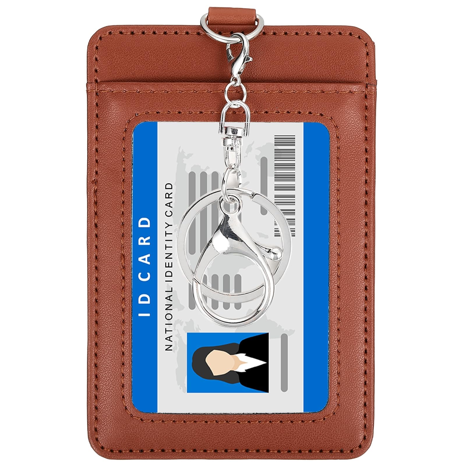 PATIKIL 4.7 x 3.2 x 0.2 Leather Badge Holder with Clear ID Window, Front Pocket Vertical Credit Card Holder & Swivel Metal Clasp Keyring for Employees, Staff, College, Reddish Brown โ image 1