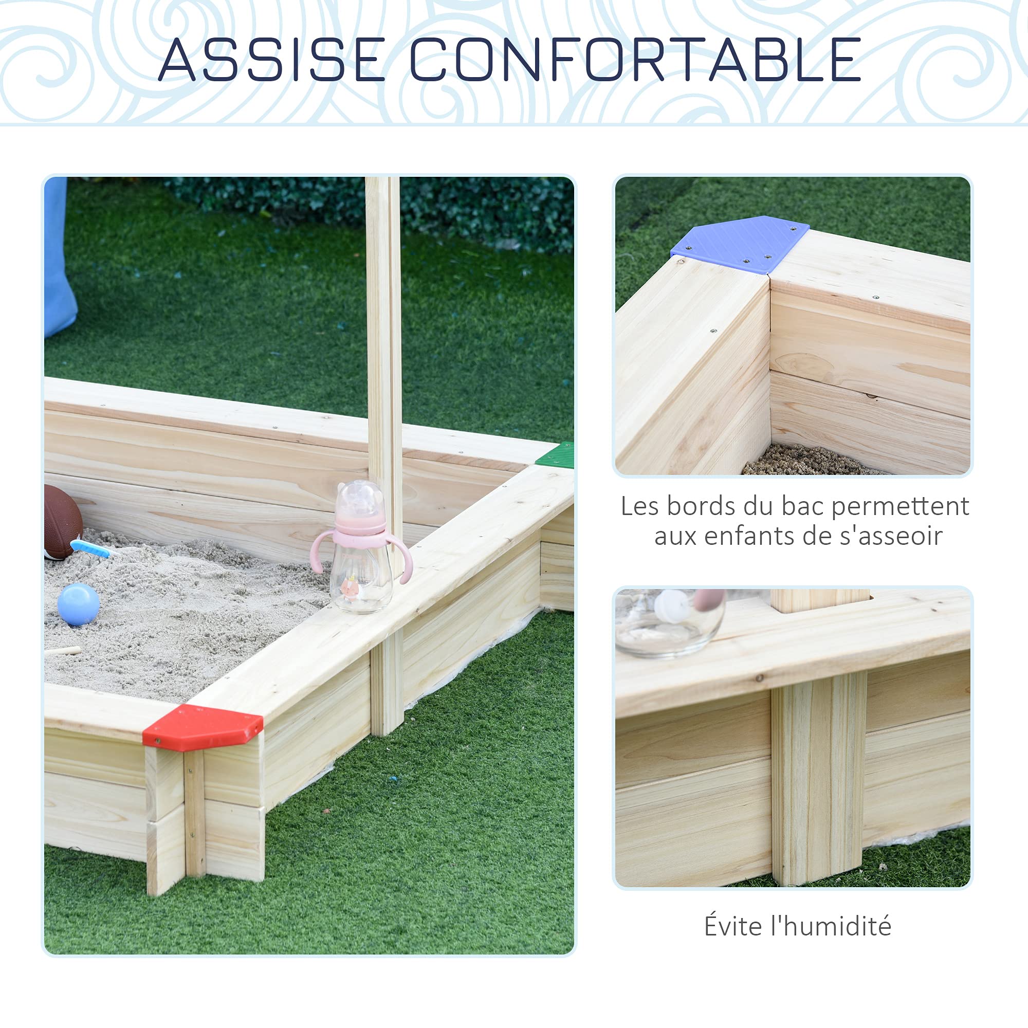 Outsunny Bac à Sable Bois carré avec Couvercle dim. 1,2L x 1,2l x 1,2H m - Hauteur et Inclinaison Toit réglables - Bois Naturel de pin