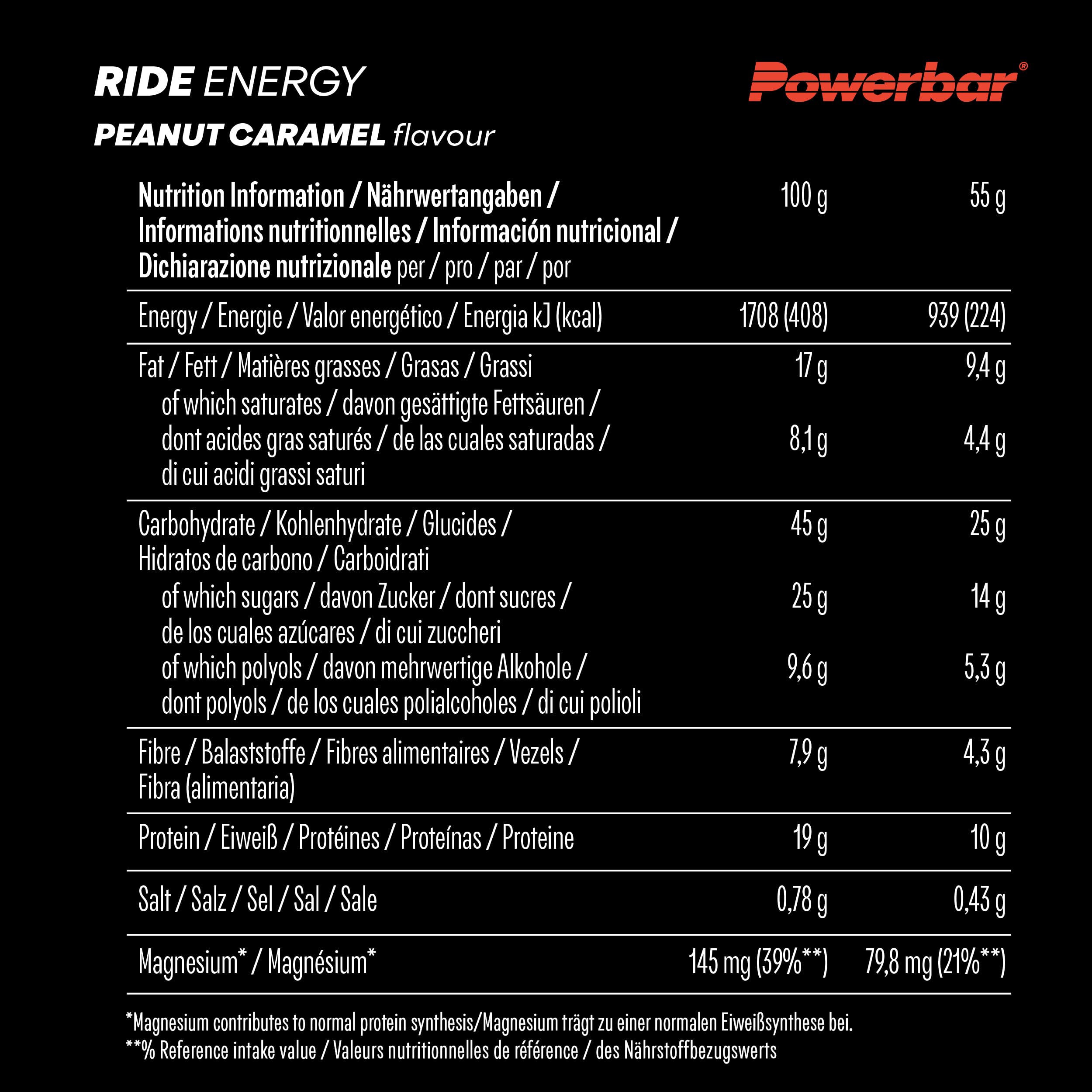 Powerbar - Ride Energy - Peanut Caramel - 18x55g - Kohlenhydrat Eiweissriegel - Magnesium - kollagenfrei