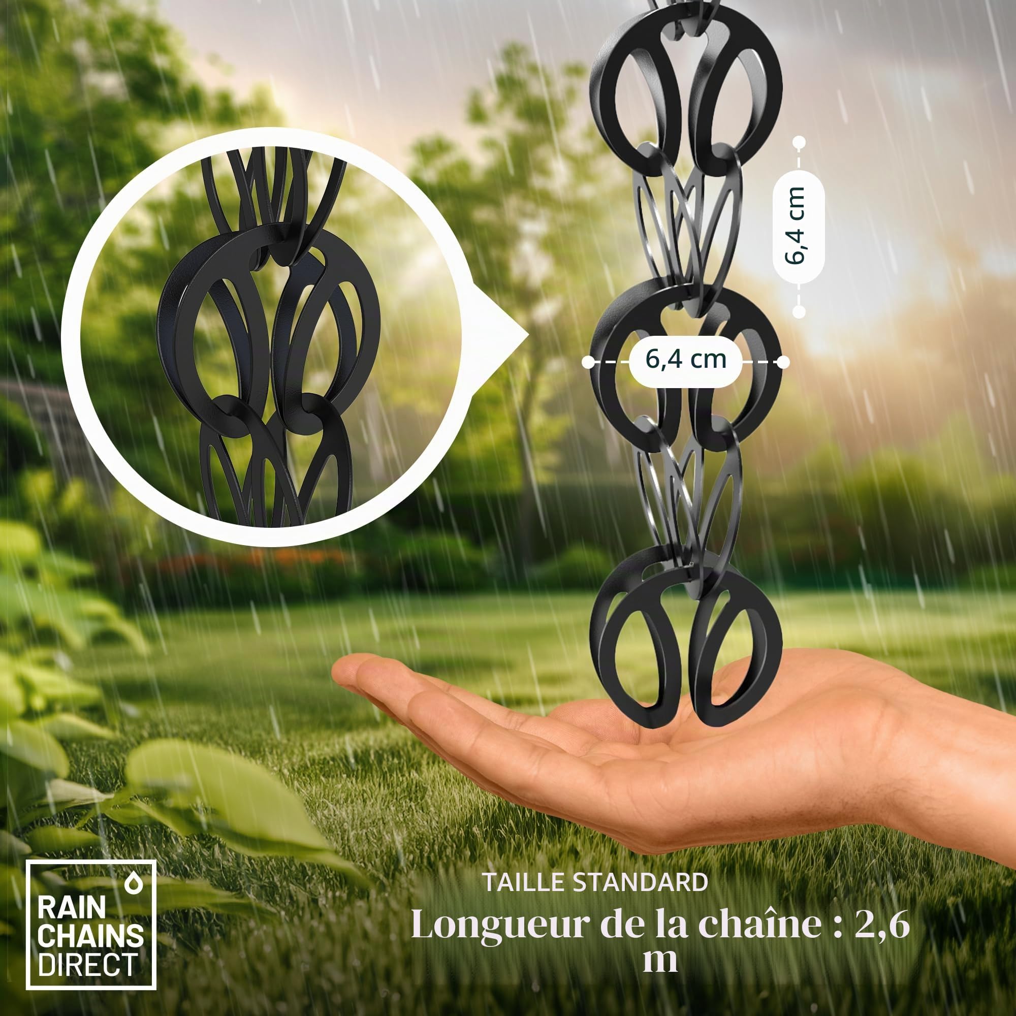 Rain Chains Direct - Modern Loop Rain Chain - 8.5 FT - Durable Black Powder-Coated Aluminum - Premium Rain Chains for Gutters