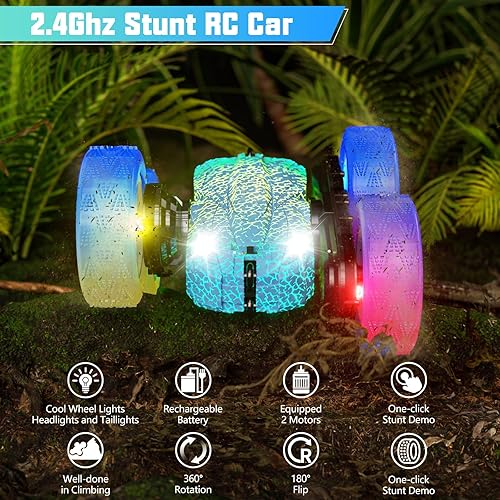 Miniatura 2 de Coche de control remoto de 82.4 F, auto de juguete de acrobacias de 2.4 Ghz con faros, luces de rueda, rotación de 360 , autos RC de doble cara,