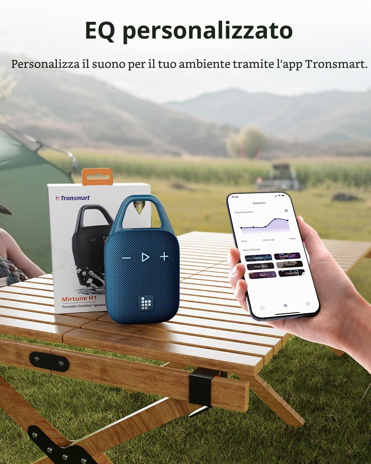 Tronsmart Mirtune H1 5.3 Altoparlante Bluetooth portatile, resistente all'acqua IPX7, 20 ore di riproduzione, volume elevato, bassi potenti, EQ personalizzato, ciclismo, escursionismo, viaggi - Blu