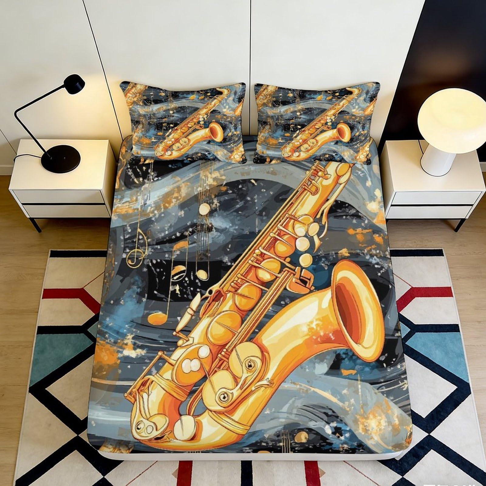 3D Printed Saxophone Art Fitted Sheet Microfiber Soft Breathable Jazz Music Bed Sheet for Bedroom Guest Room Decor 90x200x25cm