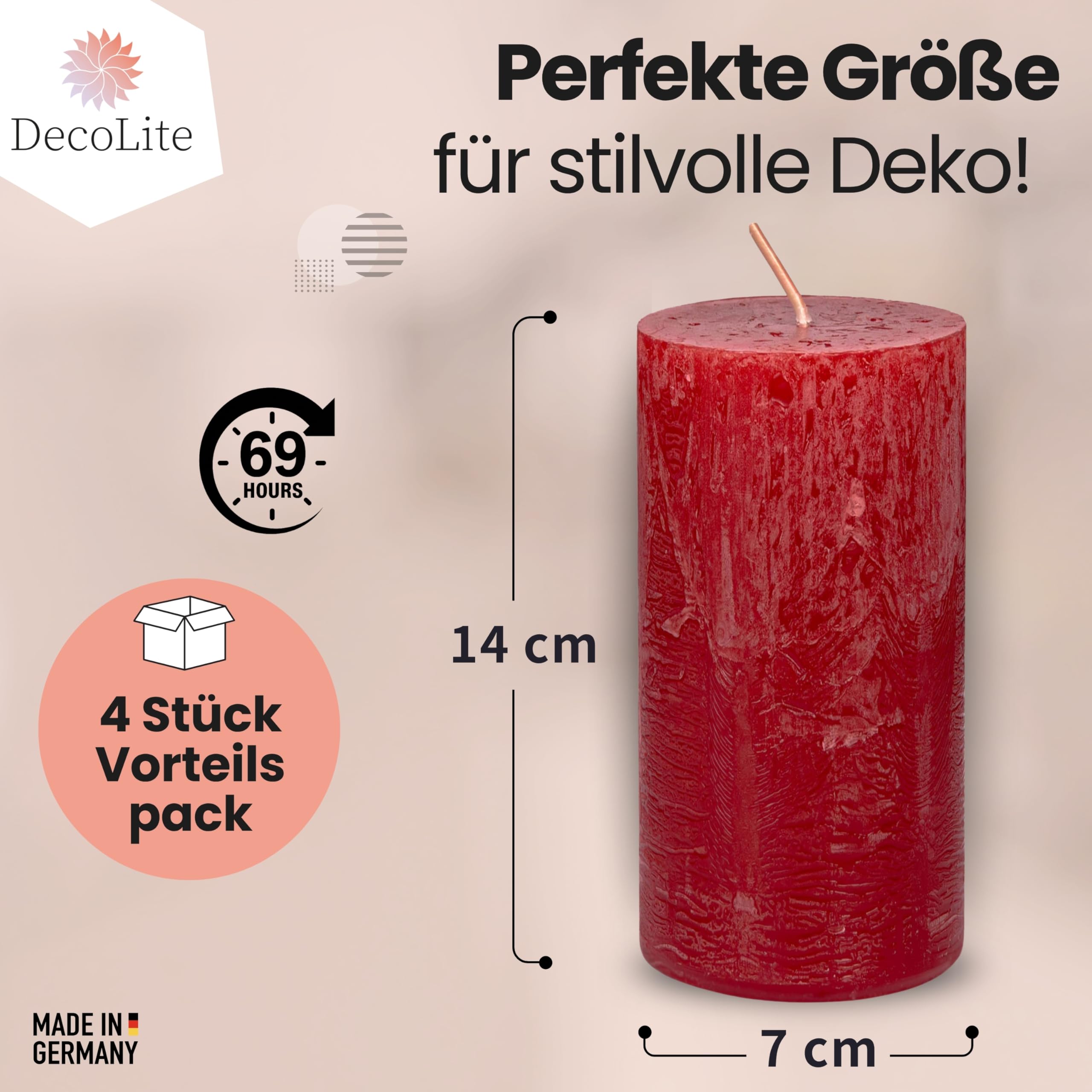 Candele a pilastro, rustiche, set da 4 pezzi, 140 x 70 mm, autoestinguenti, con certificazione RAL, durata circa 69 ore, prodotte in Germania, candele decorative rustiche (rosso)