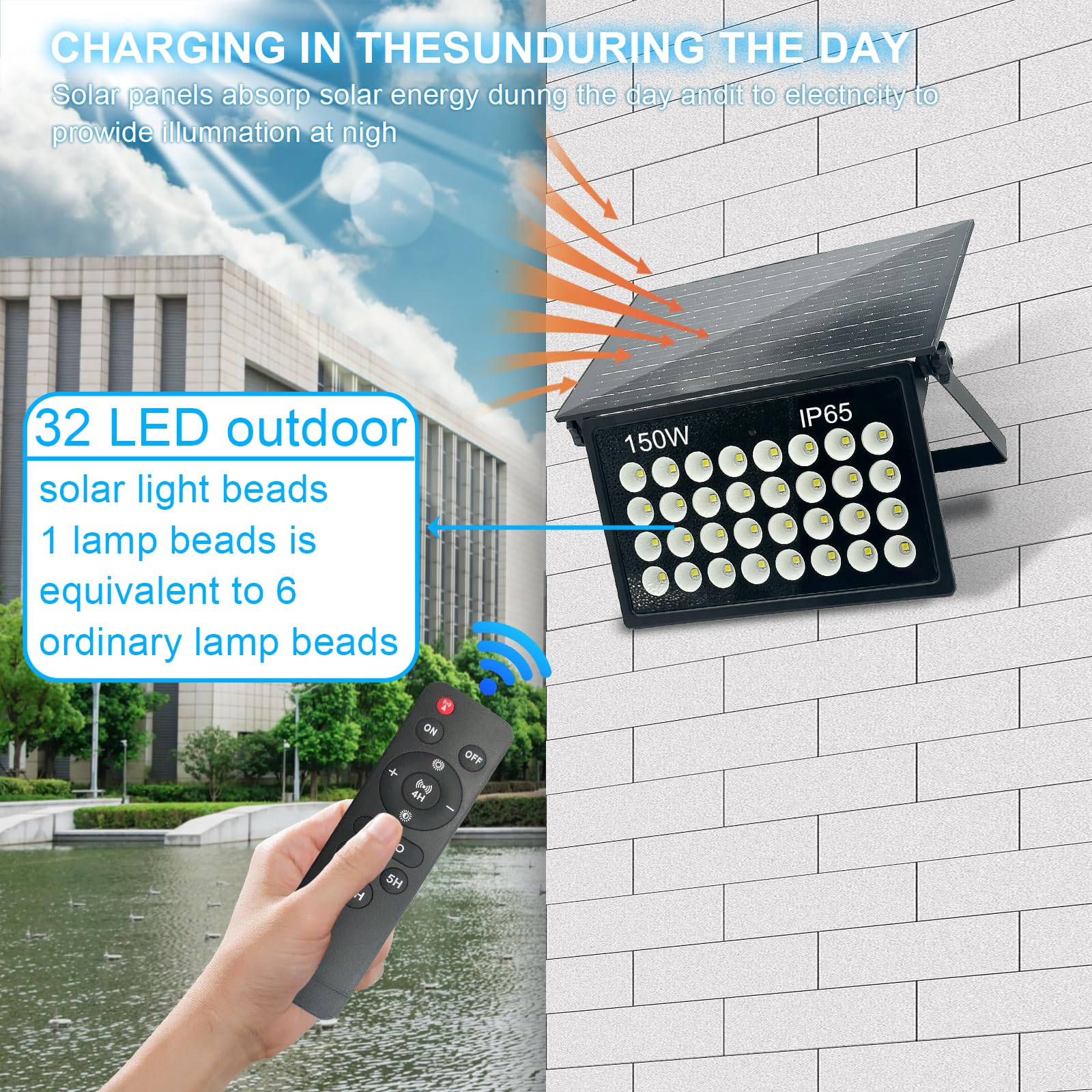 150W Projecteur Solaire, Lumière Solaire Extérieure Avec Télécommande, 6500K Spot Solaire Exterieur, IP65 Étanches Lampe Solaire Extérieur pour Porche Patio Jardin Garage Allée