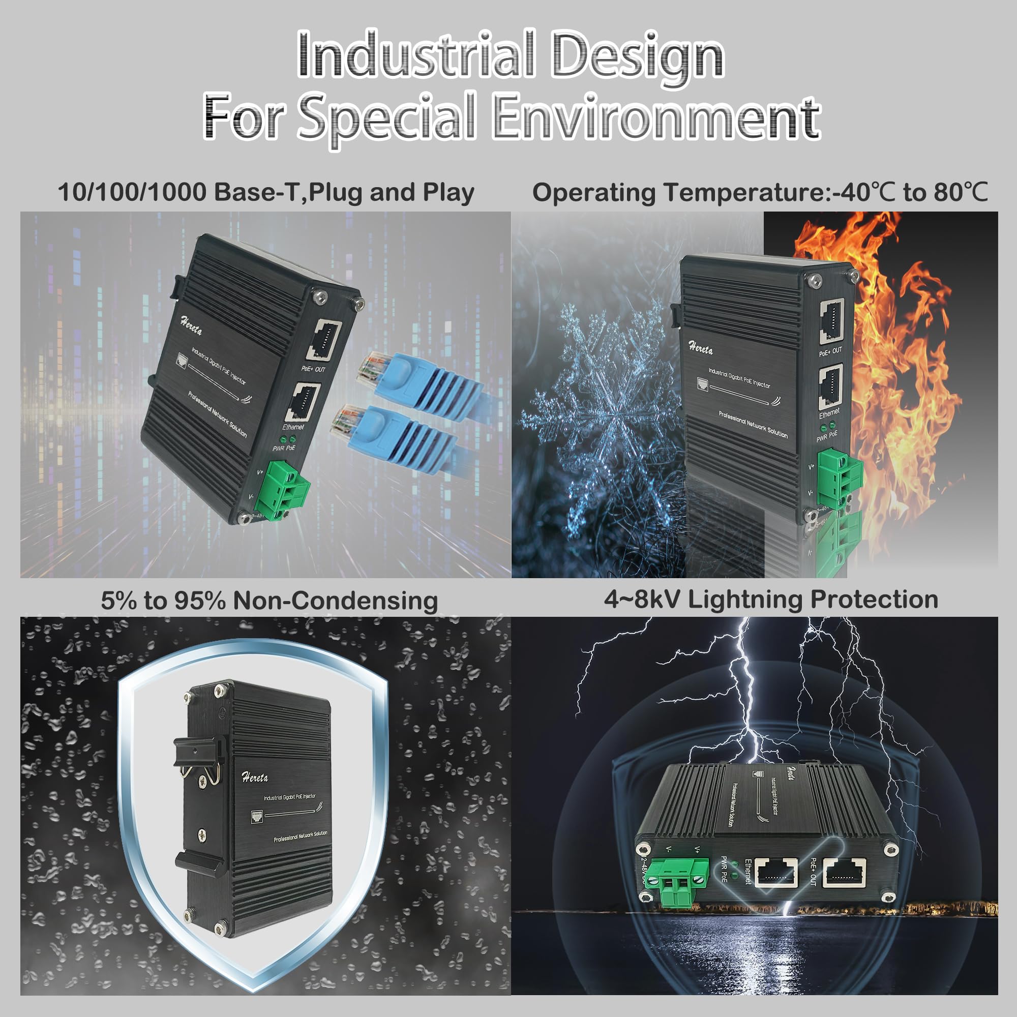 Injecteur Gigabit PoE+ 60 W haute puissance, conforme à la norme IEEE802.3af/at, entrée 12 ~ 48 VDC, boîtier en aluminium IP40 avec protection contre les surtensions, rail DIN, montage mural