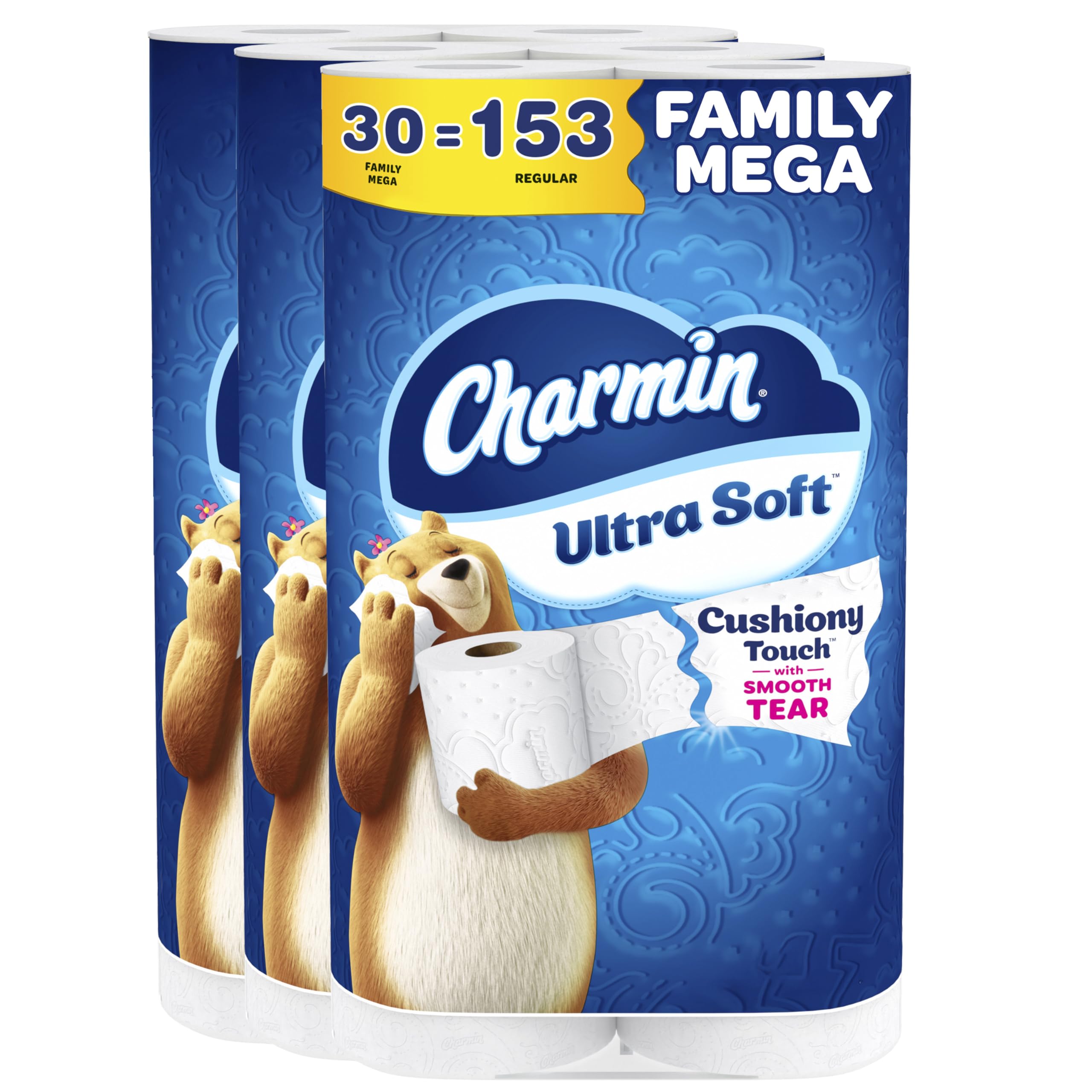 Charmin Toilet Paper Ultra Soft Cushiony Touch, 30 Family Mega Rolls = 153 Regular Rolls