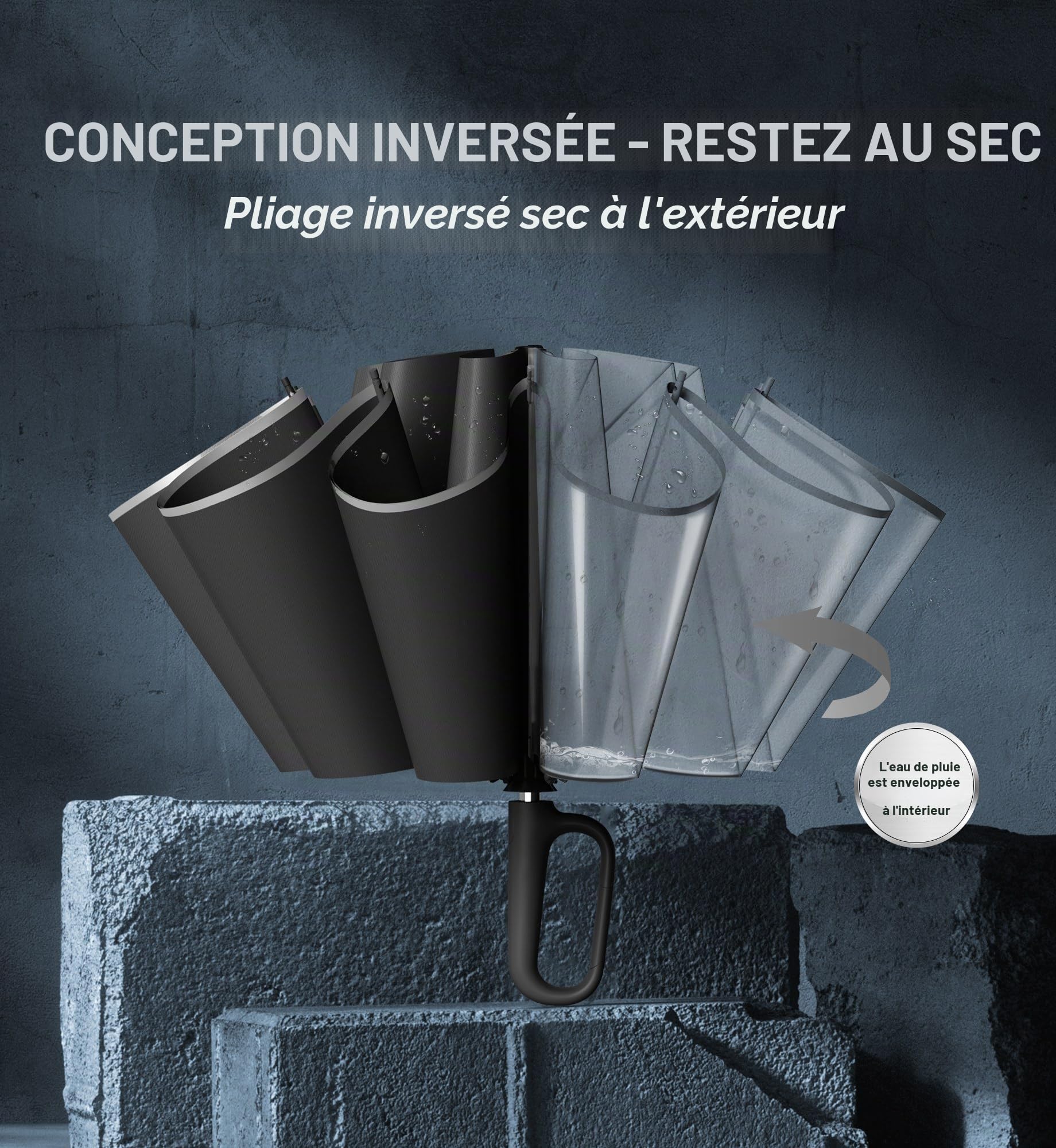 QWB TUMAAOTU Parapluie inversé avec poignée à mousqueton, parapluie coupe-vent pour la pluie et le soleil, parapluie de voiture portable pliable inversé de 117 cm, parapluie de voiture pour homme et