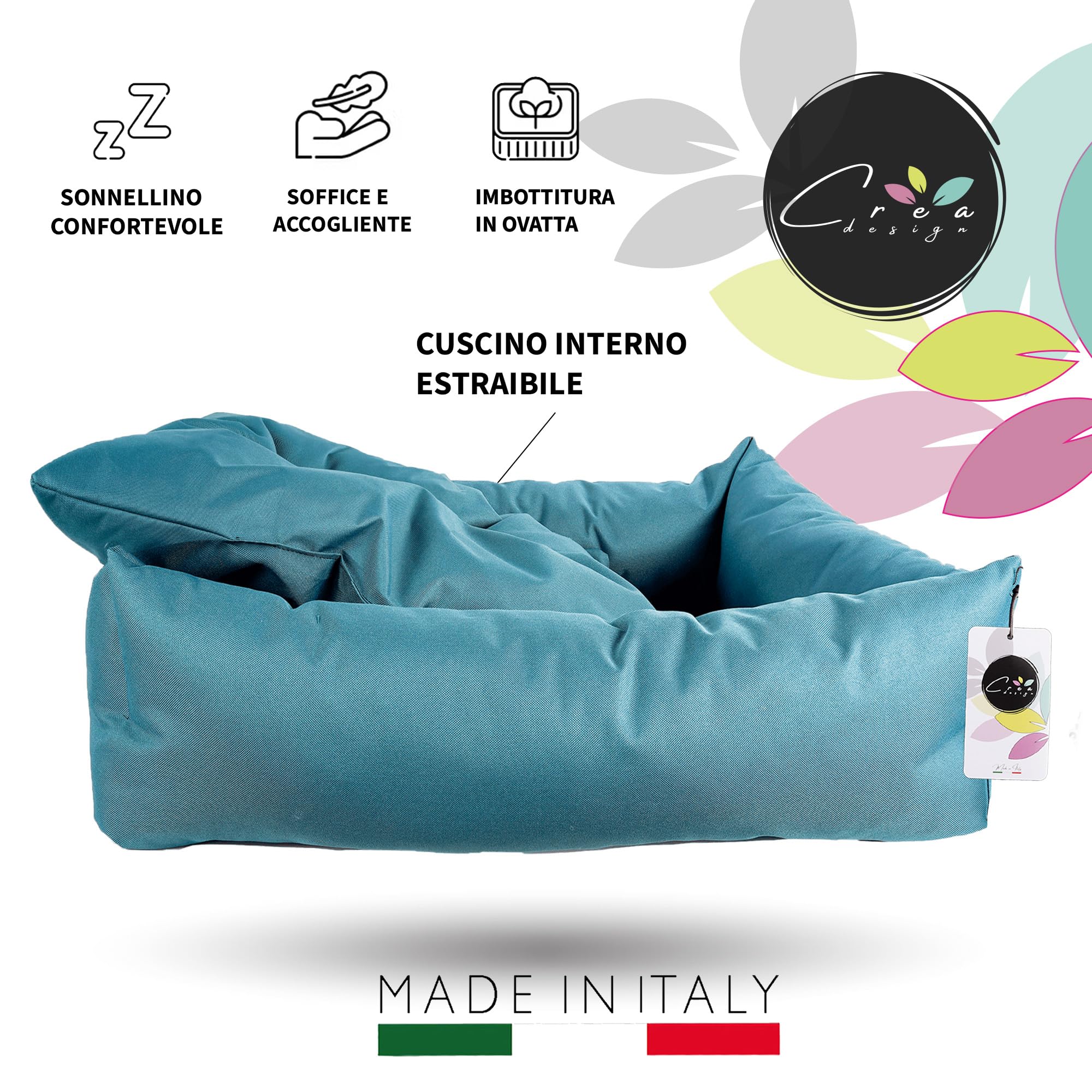 Crea Bed - Cuccia lettino per cani idrorepellente resistente ai graffi, realizzata a mano in Italia. Cuscino per Cane tessuto robusto per l'uso interno ed esterno. XS/S | 50 x 60 cm, PETROLIO