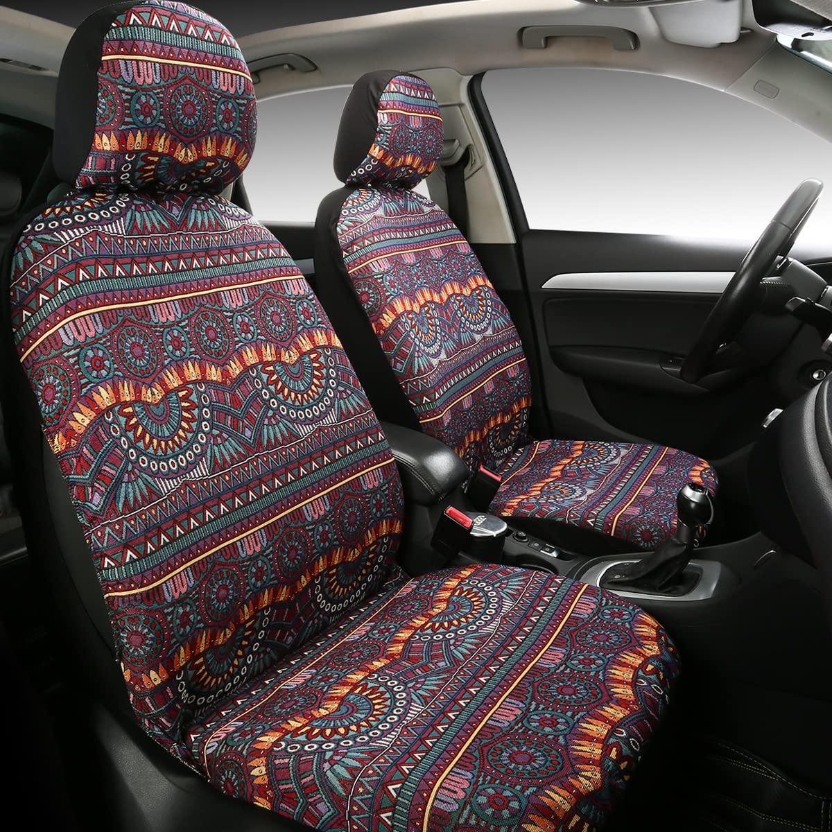 PONYJOYUP Baja Saddle Blanket Car 4PCS Front, Breathable and Washable Striped Woven Automotive Vehicle Universal Boho Seat Cover for Sedan, SUV, Truck