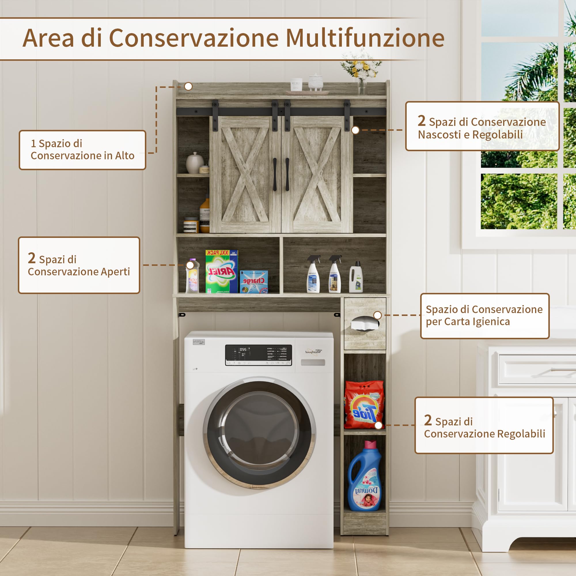 BonVache Armadio Lavatrice con 2 Porte Scorrevoli Ripiani Regolabili Lavatrice Mensola Lavatrice con Scomparto Laterale per Asciugamani Carta e 4 Scomparti Aperti Bagno WC Lavanderia Grigio