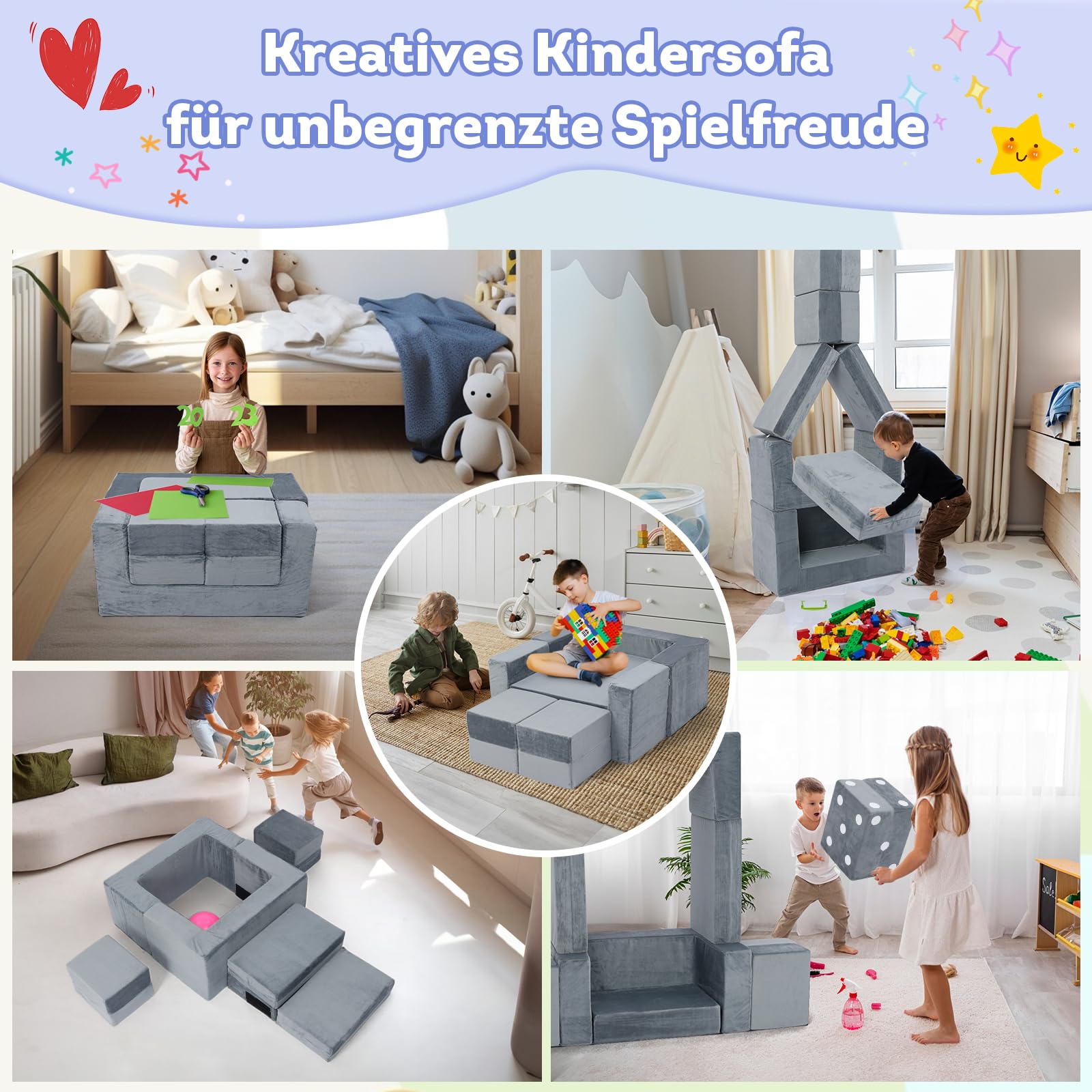 2025 Neuestes Spielsofa | Spielsofa für Kinder | Kindersofa aus 7 Schaumstoff Bausteine, Flexibel Kombinierbare Kinder Couch Modulares Spielsofa zum Spielen, Kreativsein, Schlafen