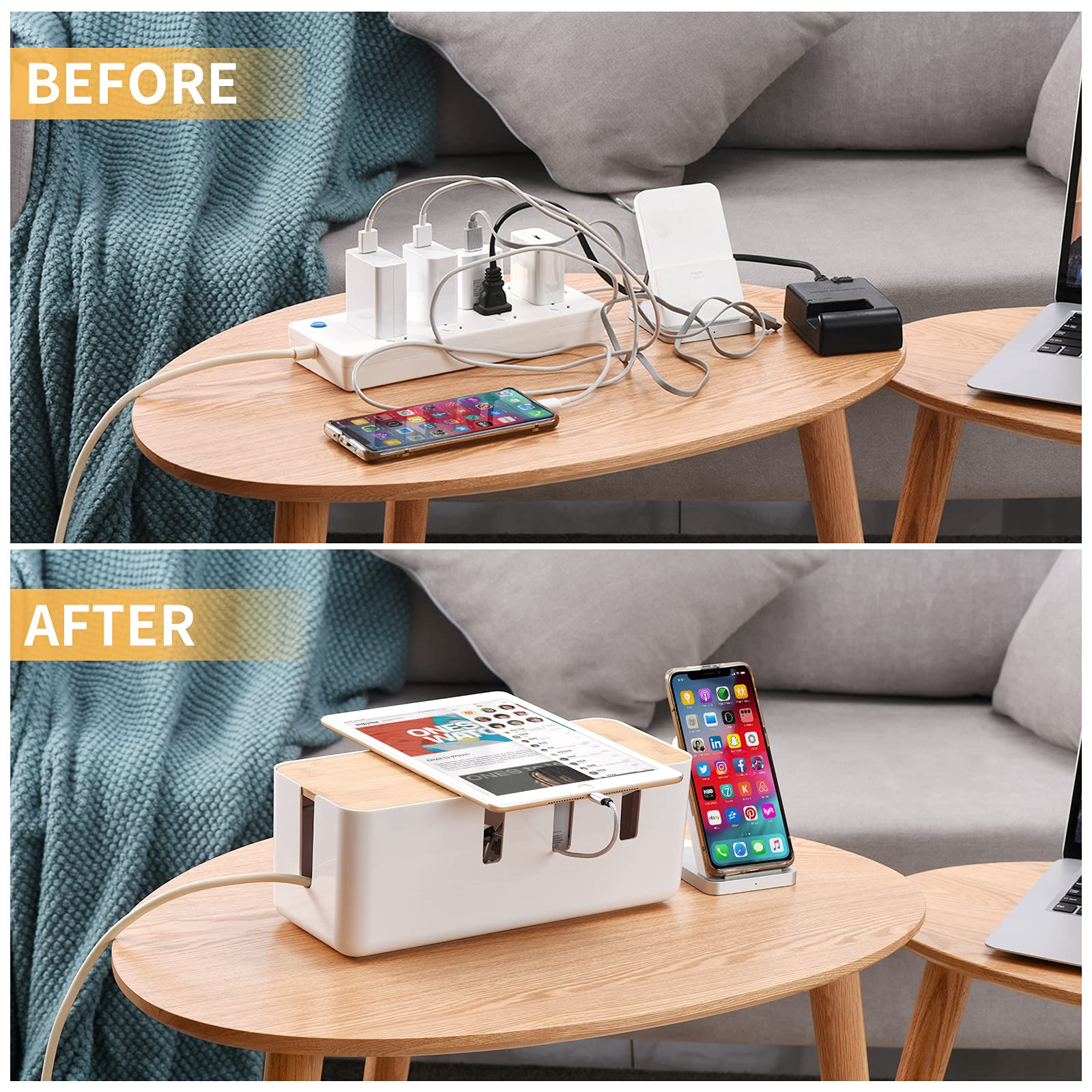 Buy KALESUKI Cable Management Box, Desk Wire Organizer with Bamboo Lid