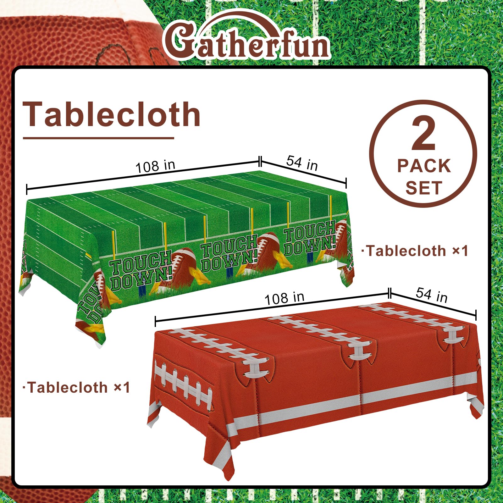 Gatherfun 2-Pack Football Decorations – Touchdown Tablecloth Set, 54x108 Disposable Plastic Covers for Game Party, Birthday Party & Football-Themed Favors