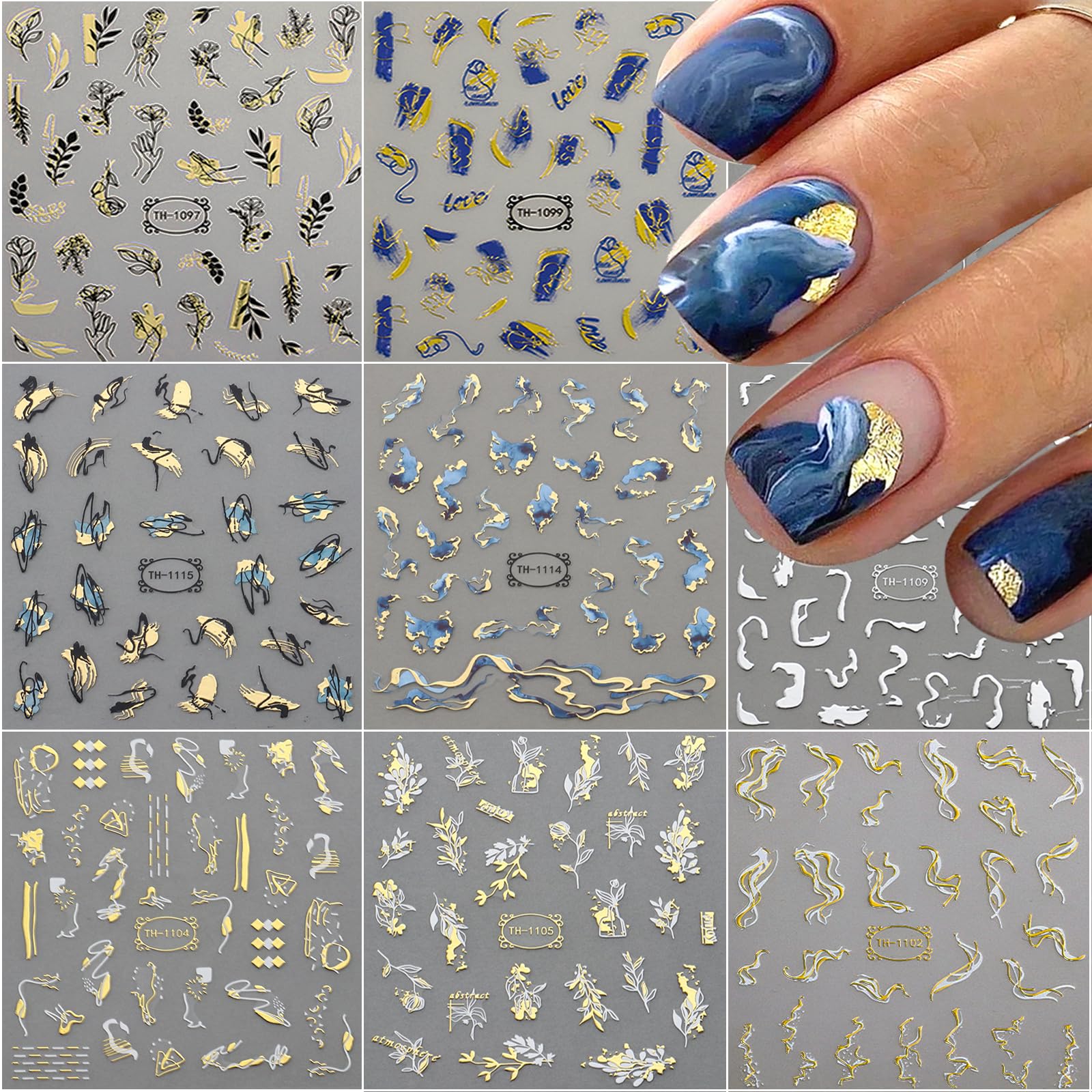 FJSMTOPl 9 Sheets Marble Nail Stickers - Flower Nail Art Stickers - Silver Gold Nail Decals - Leaf Line Nail Designs for Women Nail Art Supplies