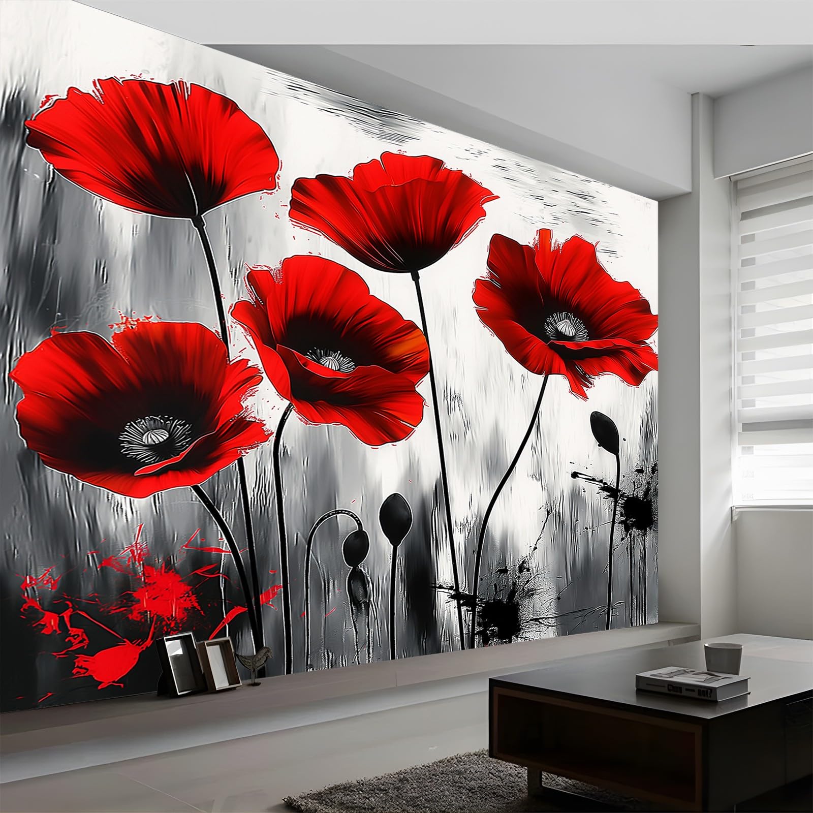 Tapeta 3D w stylu panoramicznym 400 x 280 cm eleganckie abstrakcyjne mak dekoracja ścienna, z czarno-czerwoną tapetą z włókniny do sypialni salonu spersonalizowana dekoracja ścienna