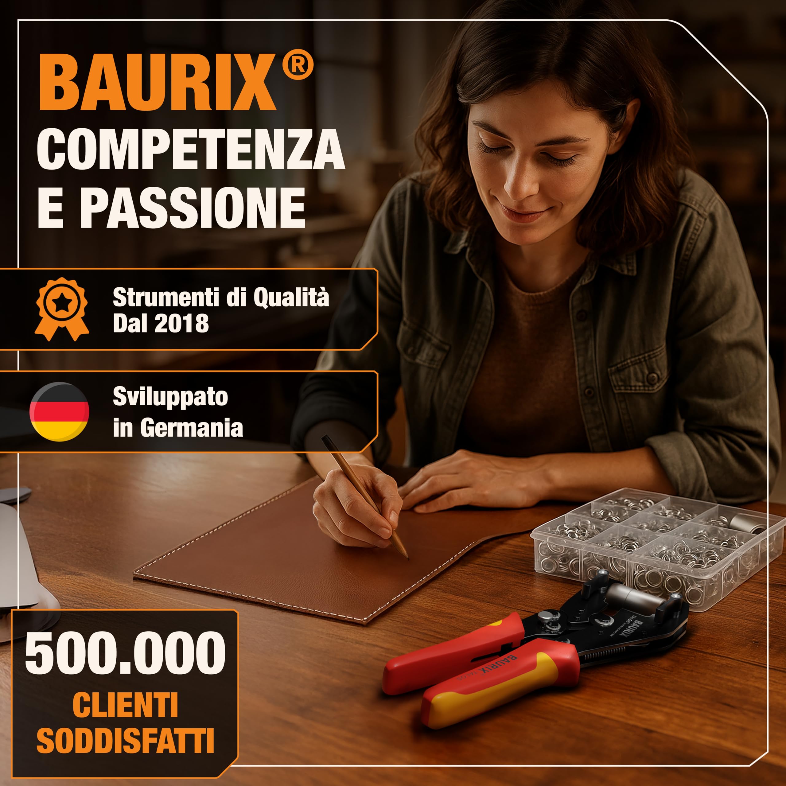 BAURIX Pinza Occhielli con 200 Occhielli Ø10 mm per Telo Stoffa Pelle Tessuti Autopunzante Senza Foro TALOS