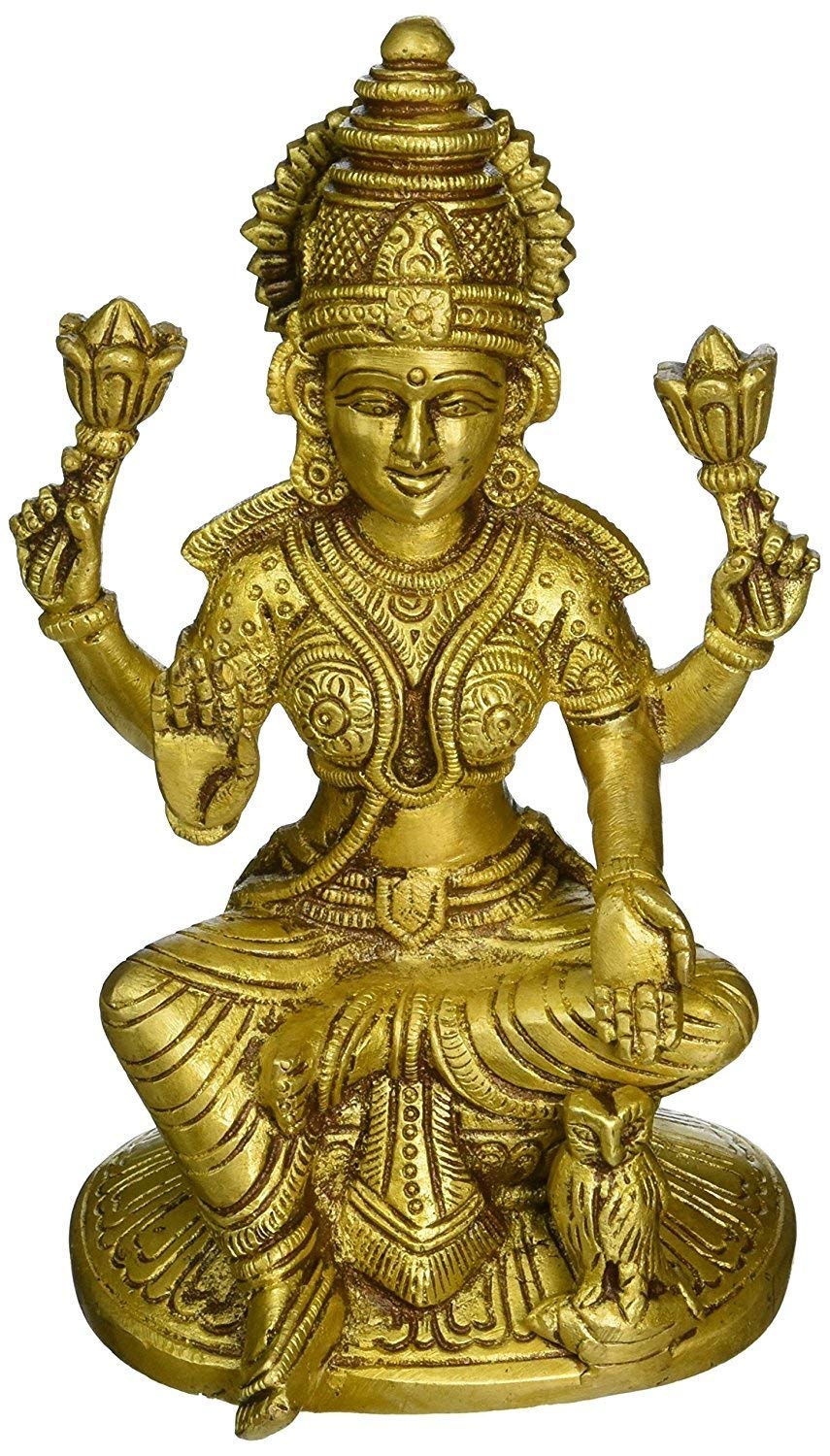 Goddess Lakshmi with Owl Brass Statue Height 6.5 inch