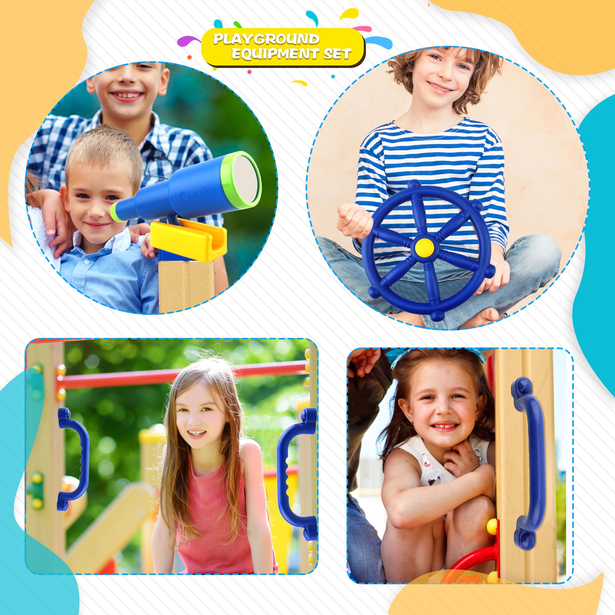 Juego de 4 piezas de accesorios para patio de recreo para niños, juego para exteriores, columpios de plástico para volante, telescopio, asas de seguridad, juguete para jardín, patio trasero, 3