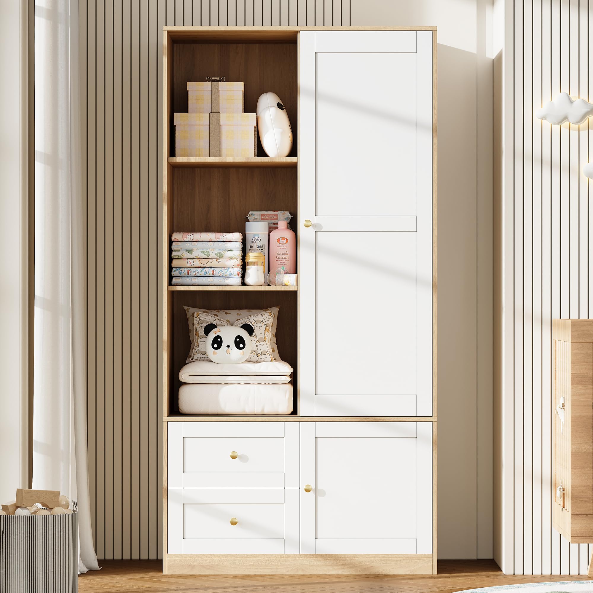 Armario con puertas correderas de madera blanca 90x50x180 cm, armario de puerta corredera multifunción con barra y cajones para dormitorio