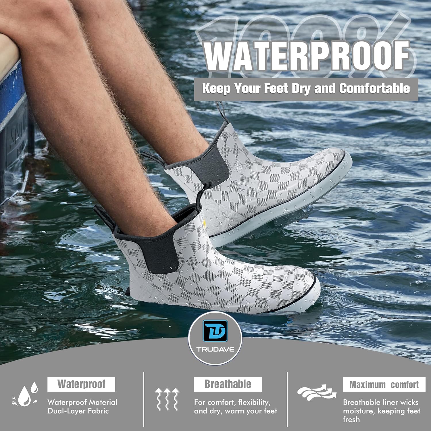 Trudave Deck Boots for Men, Men's Waterproof Insulated Reliable Rain Boots, Anti-Slip Ankle Rubber Boots with High-Traction for Fishing Boating, Size 6-14