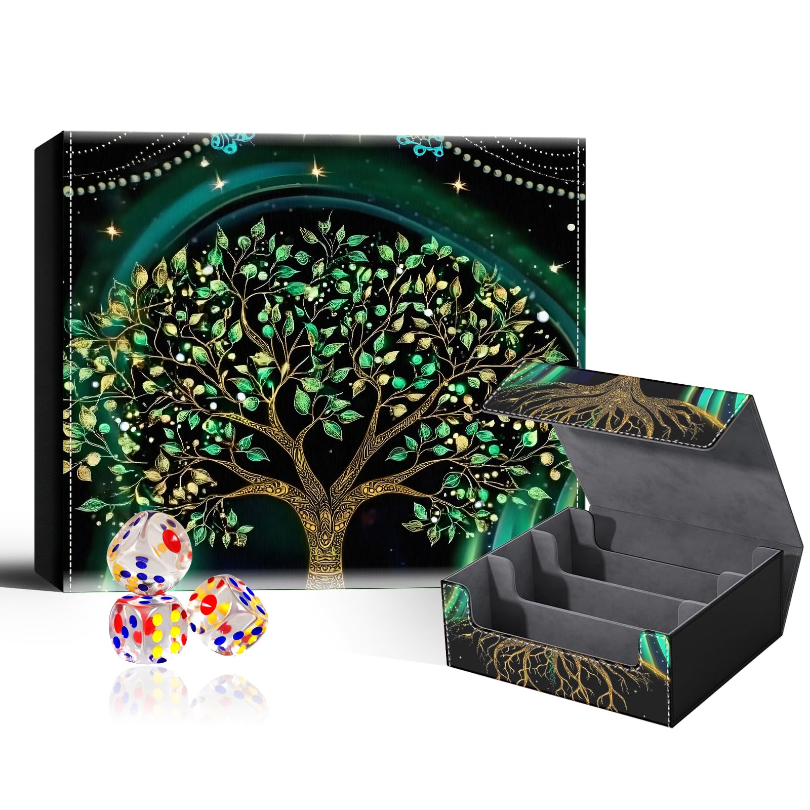 VOGDMKJG Trading Card Deck Box Fit 1800+ Single Sleeved Cards,PU Leather Magnetic Closure Card Storage Box With 3 Dice For MTG/TCG/PTCG/Magic/Sport Card Storage Case Large 3 ROW Design Tree of Life