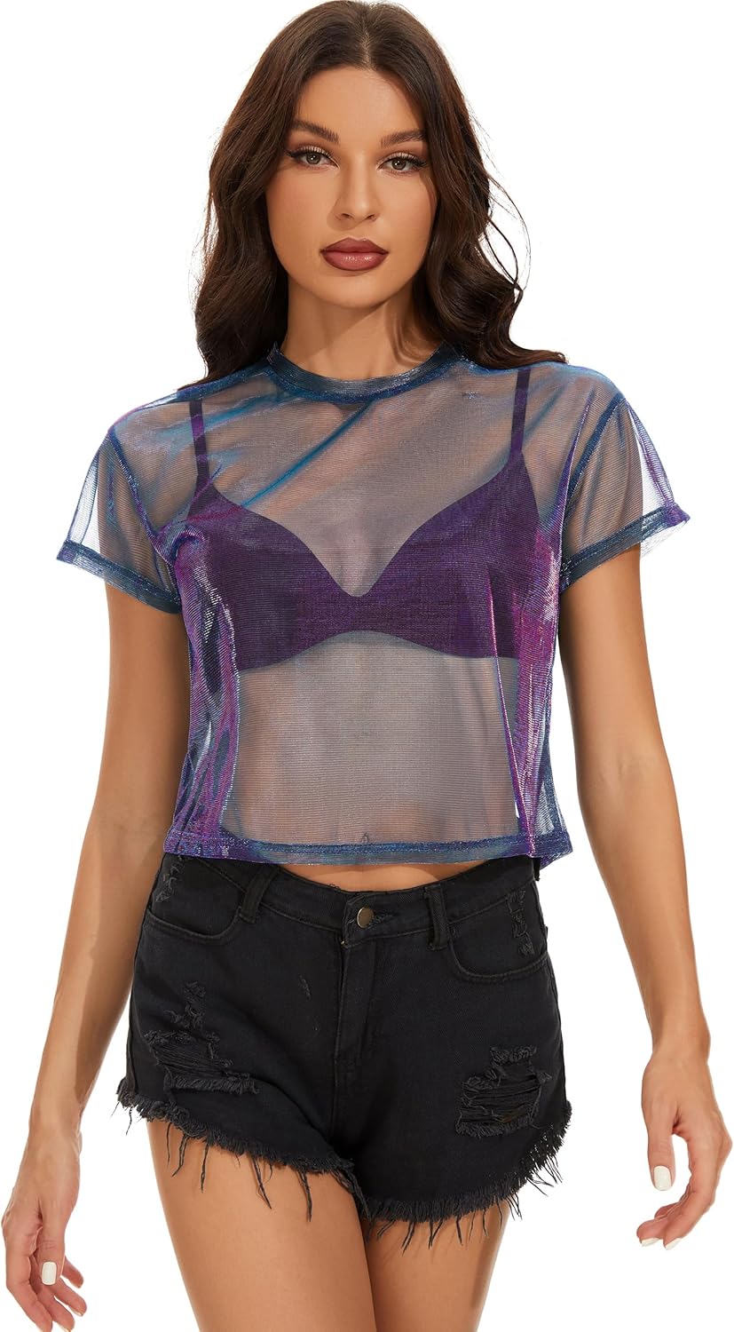 Women's Summer Mesh Tops Short Sleeve See Through Sheer T Shirt Bodycon Blouse Clubwear - Image 5