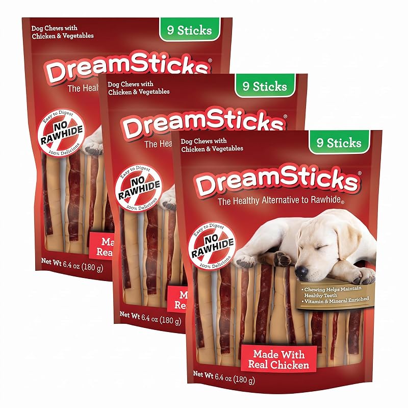 Petisco mastigável para cães DreamBone DreamSticks com frango e vegetais sem couro cru, 27 unidades, 3 pacotes de 181 g