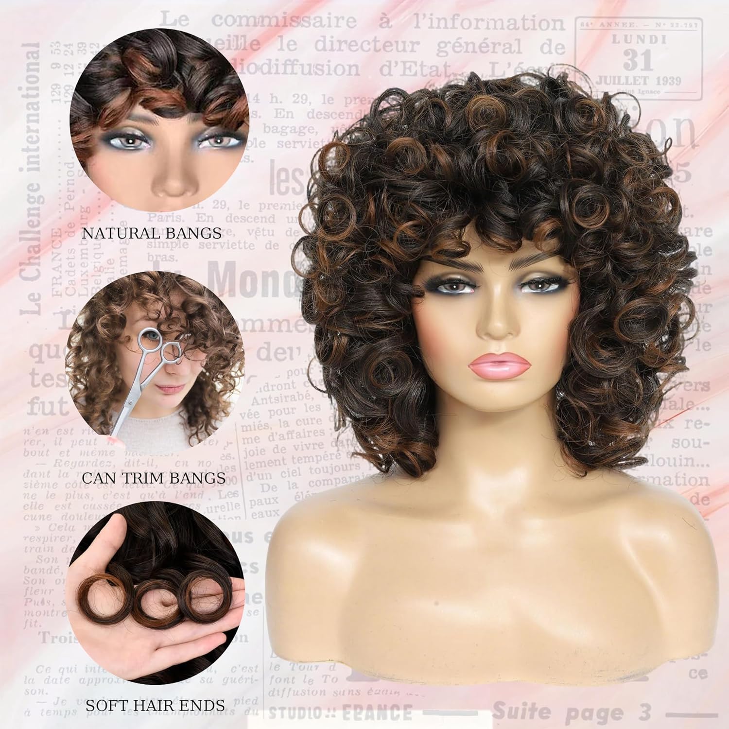 Short Curly Wig For Women Afro Wigs For Black Women Black Mixed Brown Color Big Curly Wig With Bangs Loose Curls Synthetic Wig Big Bouncy Fluffy Curls Wigs For African American Women Daily Wear