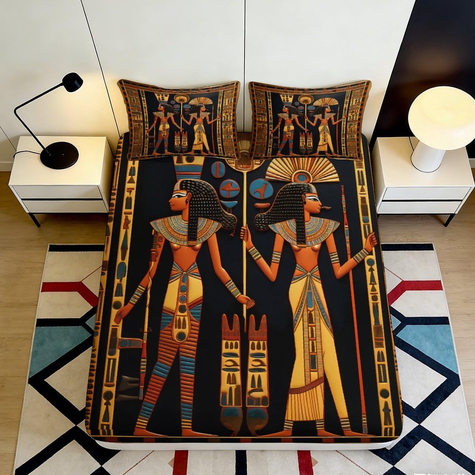 3D Printed Egyptian Pharaoh Fitted Sheet Microfiber Soft Breathable Goddess Bed Cover for Bedroom Dorm Decor 90x200x25cm