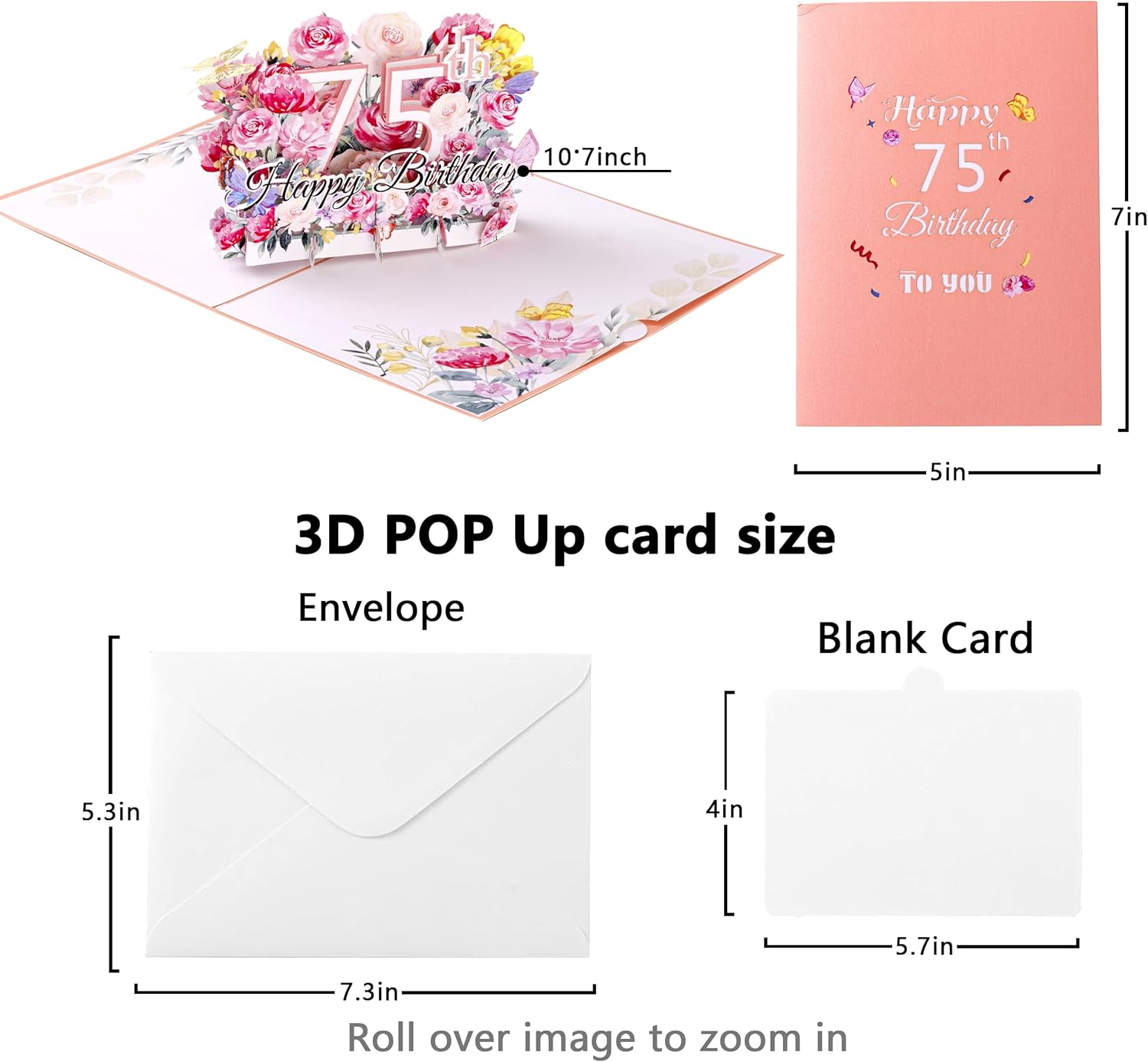 Happy 75th Birthday Pop-Up Card for Women, Wife, 75th Birthday Gift for, Mom, 3D Greeting Birthday Card with Blank Note and Envelope, 5" x7" - Image 7