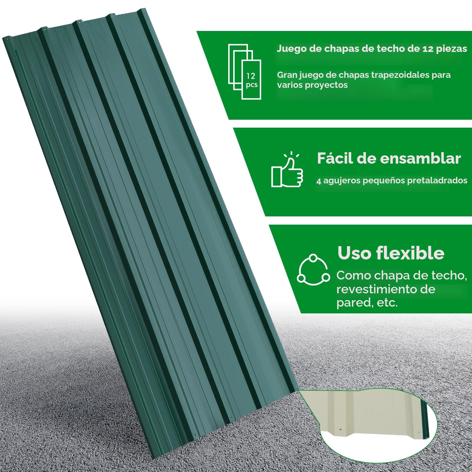 12 chapas trapezoidales de 7 m², 110 x 45 cm, metal galvanizado, resistente a la corrosión, resistente a la intemperie, chapa de techo ondulada (GREEN-12 unidades)