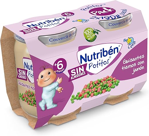 Nutribén Potitos, Tarrito de Cena Guisantes Tiernos con Jamón| Para Bebés a partir de 6 Meses, Sin Azúcares Añadidos, Sin Almidones, Ingredientes Naturales y Saludables, Pack 2 Unidades de 190g, 380g