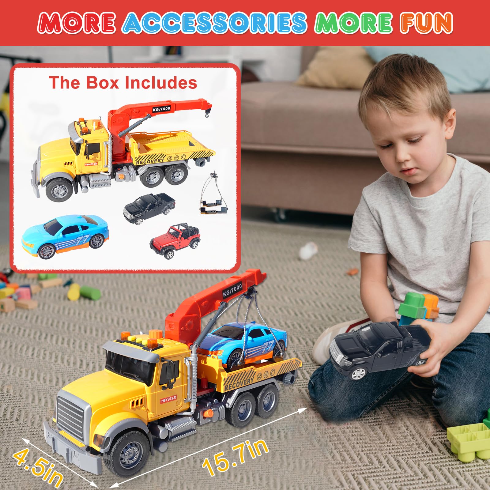 Multipurpose Tow Truck with Small Off-Road Vehicle, Truck, Racing Car, Large Truck with Light and Sound - Image 4