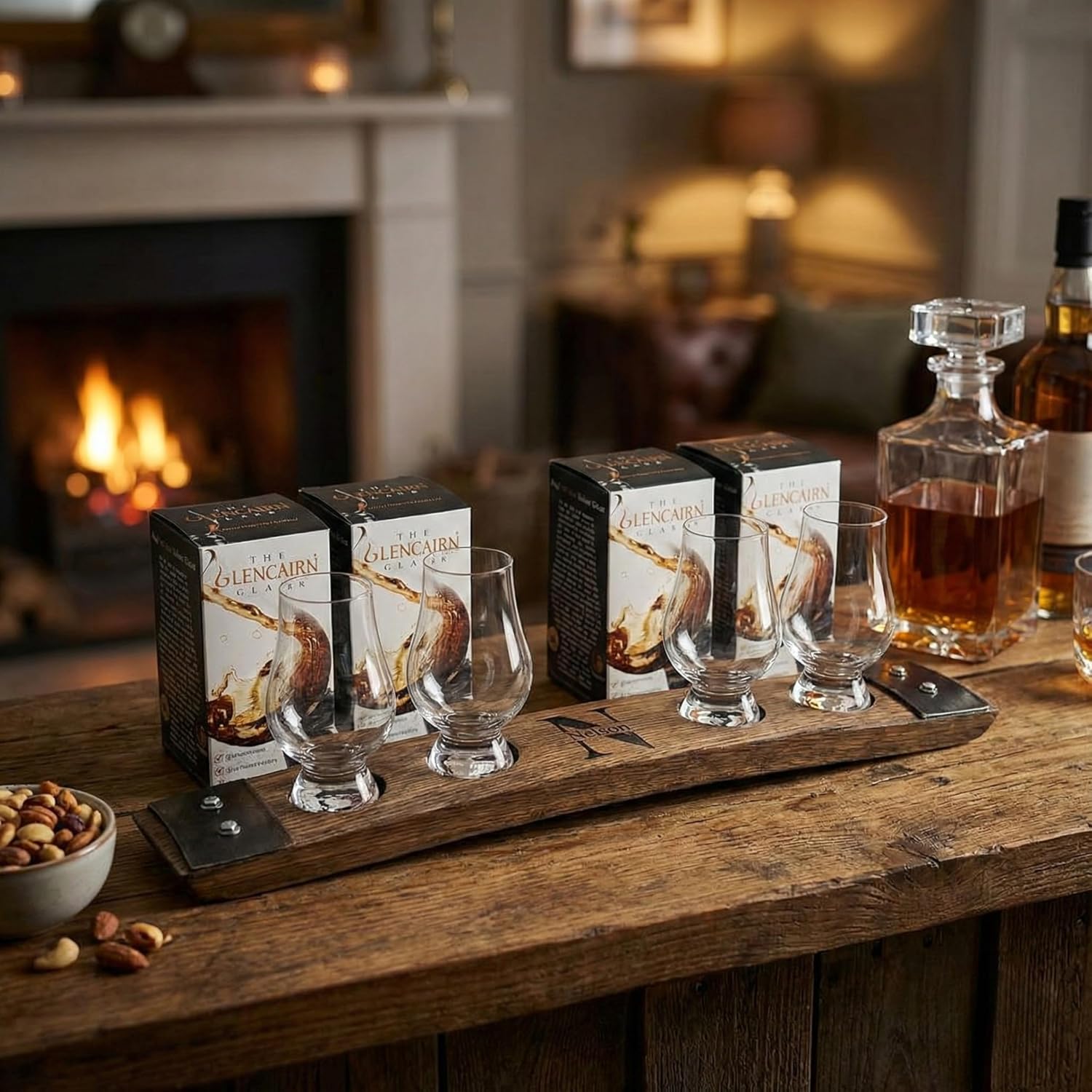 Personalized Premium 4 Glass Whiskey Flight/Engraved Center/Personalized Gift/Crystal Glass Option/Dark Walnut Color (Split Monogram)