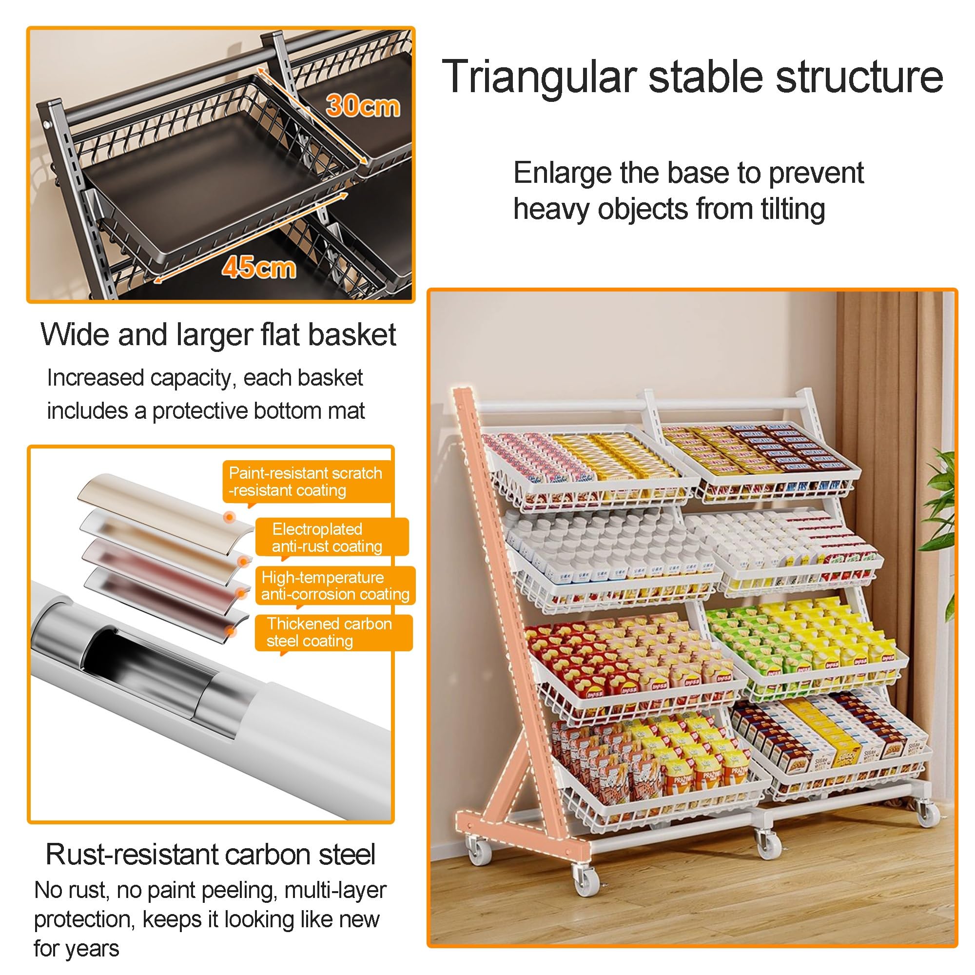 Estante Expositor para Dulces y Aperitivos - Estante de Almacenamiento de Cocina de pie con Cesta Inclinada y Clip extraíble - Carrito Organizador de Metal para Frutas y Verduras